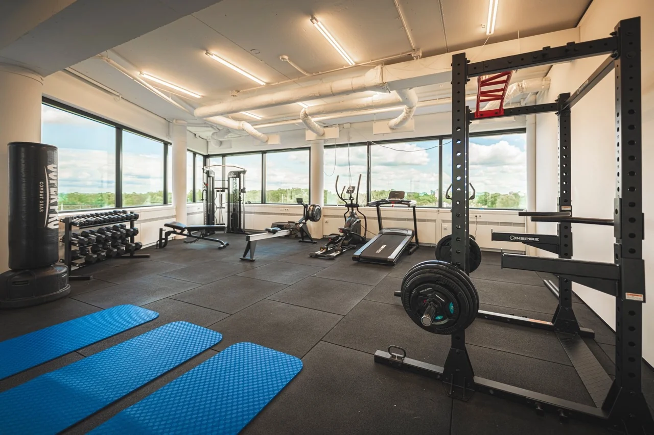 Moderne fitnessruimte met diverse trainingsapparaten, gewichten, een bokszak en blauwe yogamatten met uitzicht op groene omgeving.
