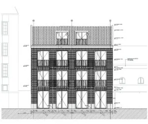 Architectonische vooraanzichttekening van een nieuwbouwpand aan de Reguliersdwarsstraat met vier bouwlagen en een pannendak.