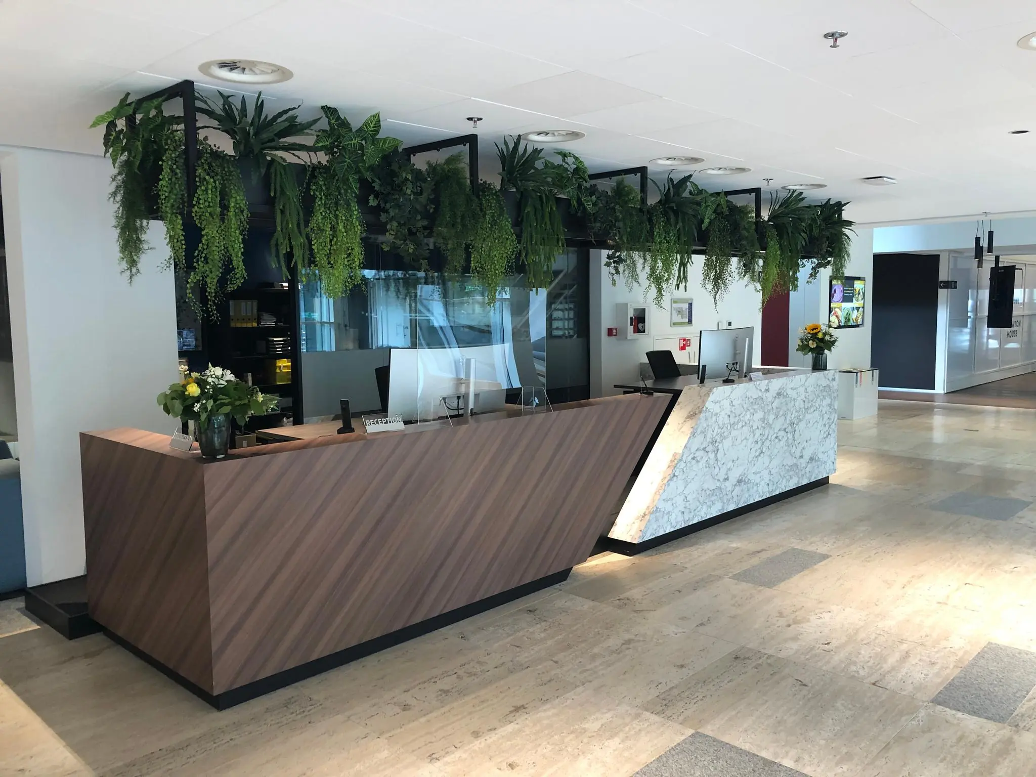 Moderne receptiebalie op Newtonlaan met hangende planten en een combinatie van hout en marmer.