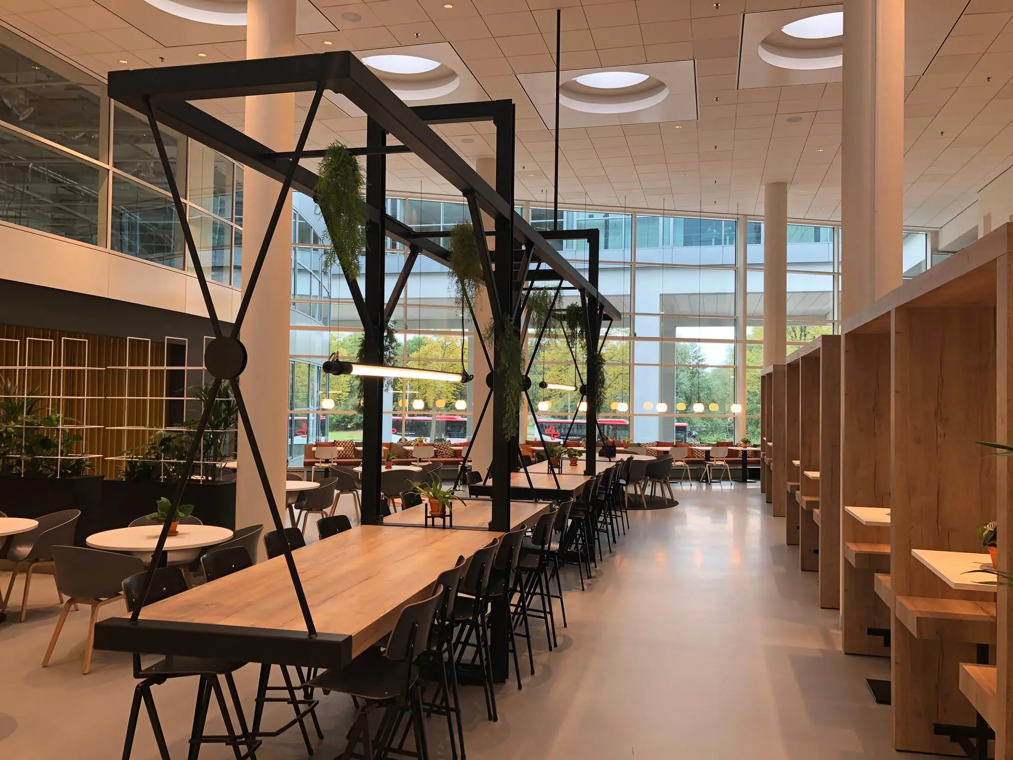 Moderne en ruime kantoorkantine aan de Newtonlaan met lange houten tafels, werkplekken en veel daglicht.