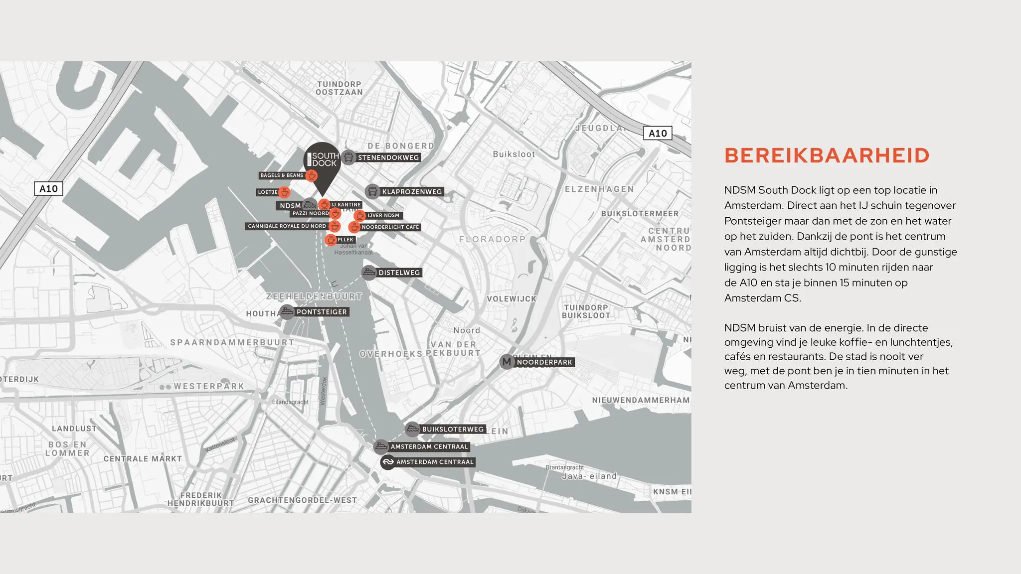 Kaart van Amsterdam met de ligging van NDSM South Dock en omliggende horecagelegenheden, pontverbindingen en openbaar vervoer.