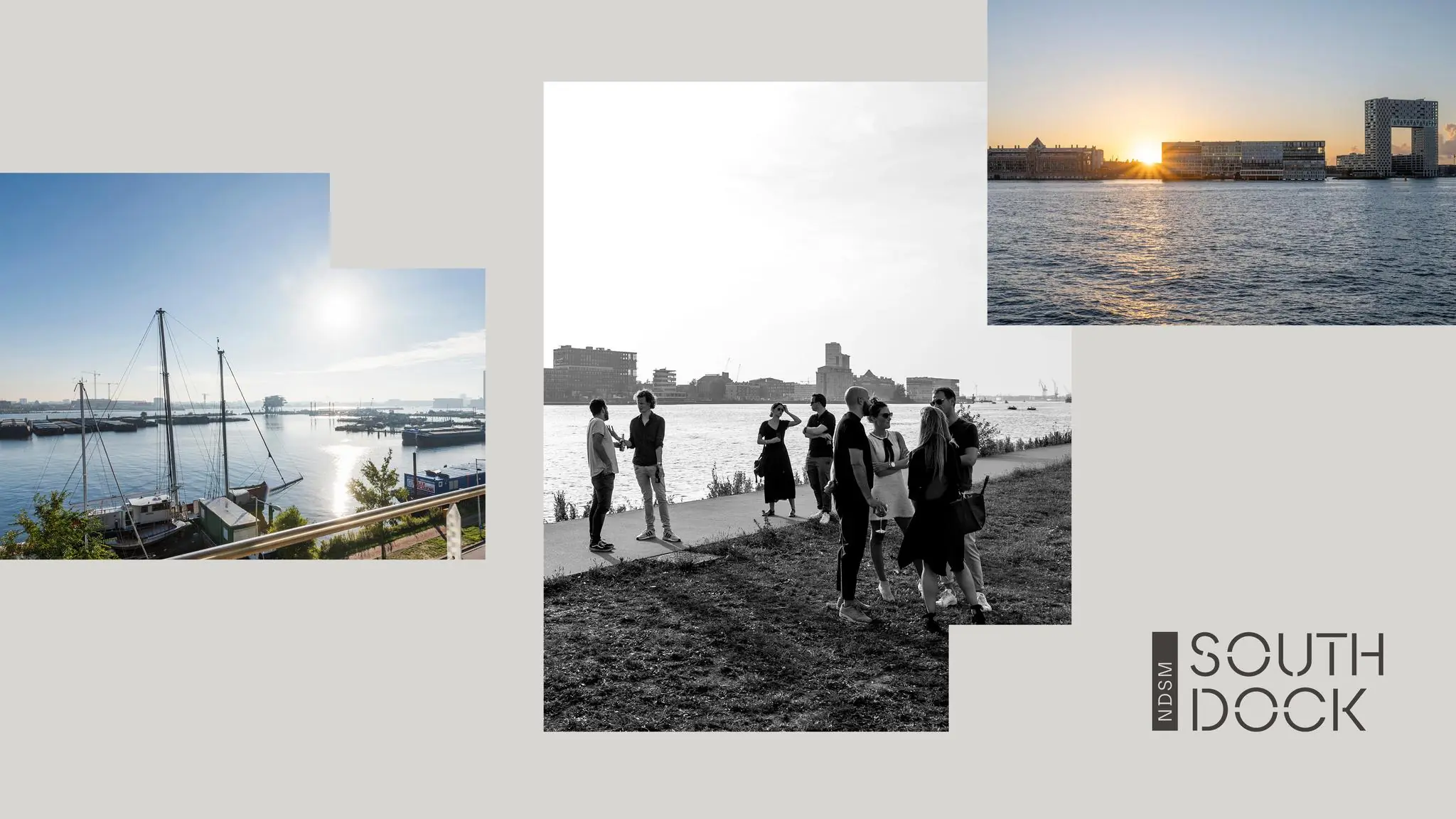 Collage van drie beelden van de NDSM-pier met uitzicht op het water, een wandelende groep mensen en zonsondergang aan het IJ, met het logo van NDSM South Dock.
