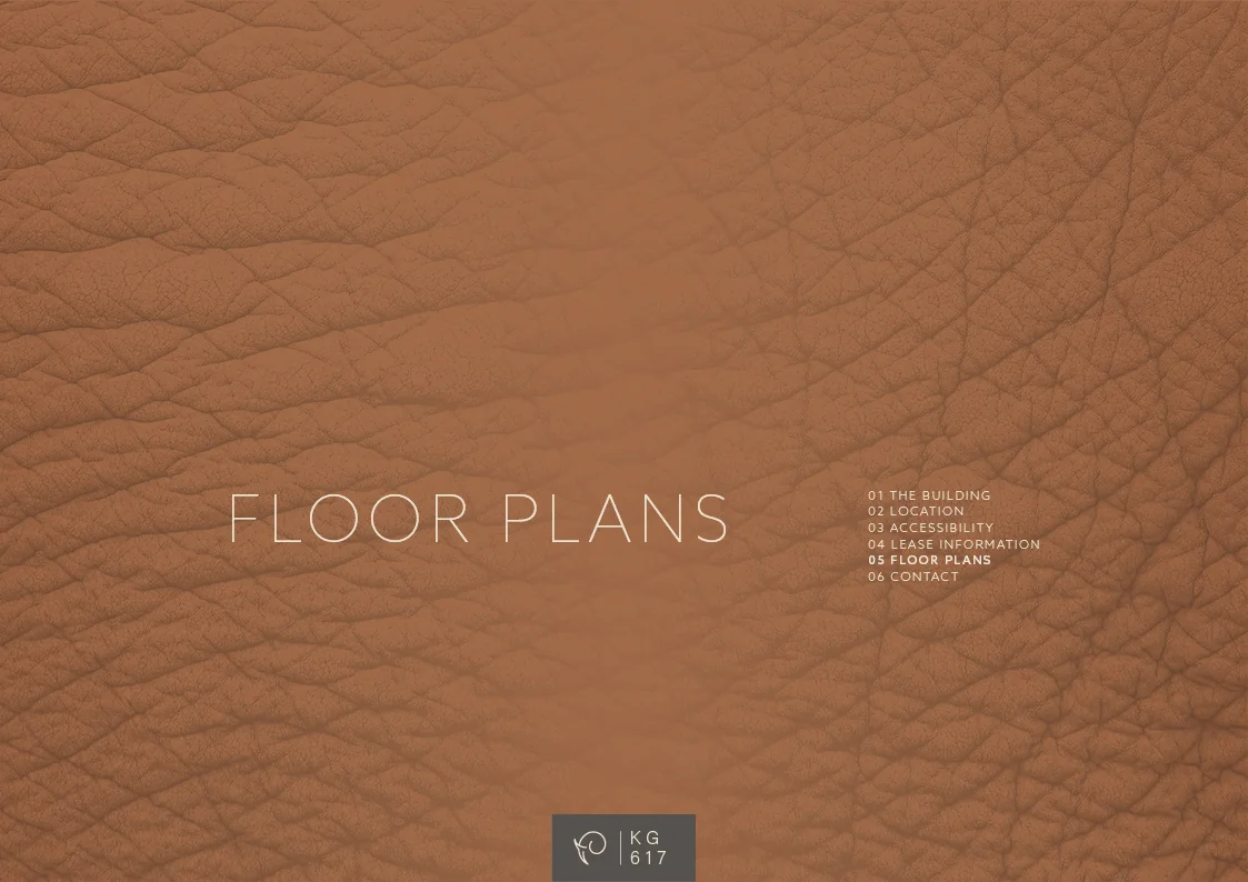 Omslag met de tekst "Floor Plans" op een achtergrond van bruin leer met een inhoudsopgave en het logo KG617 onderaan.