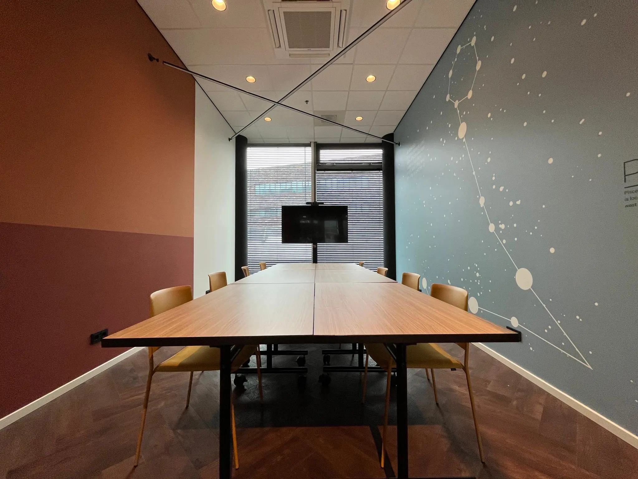 Vergaderruimte op het Herculesplein met een lange houten tafel, stoelen, een scherm en een muurdecoratie van een sterrenconstellatie.