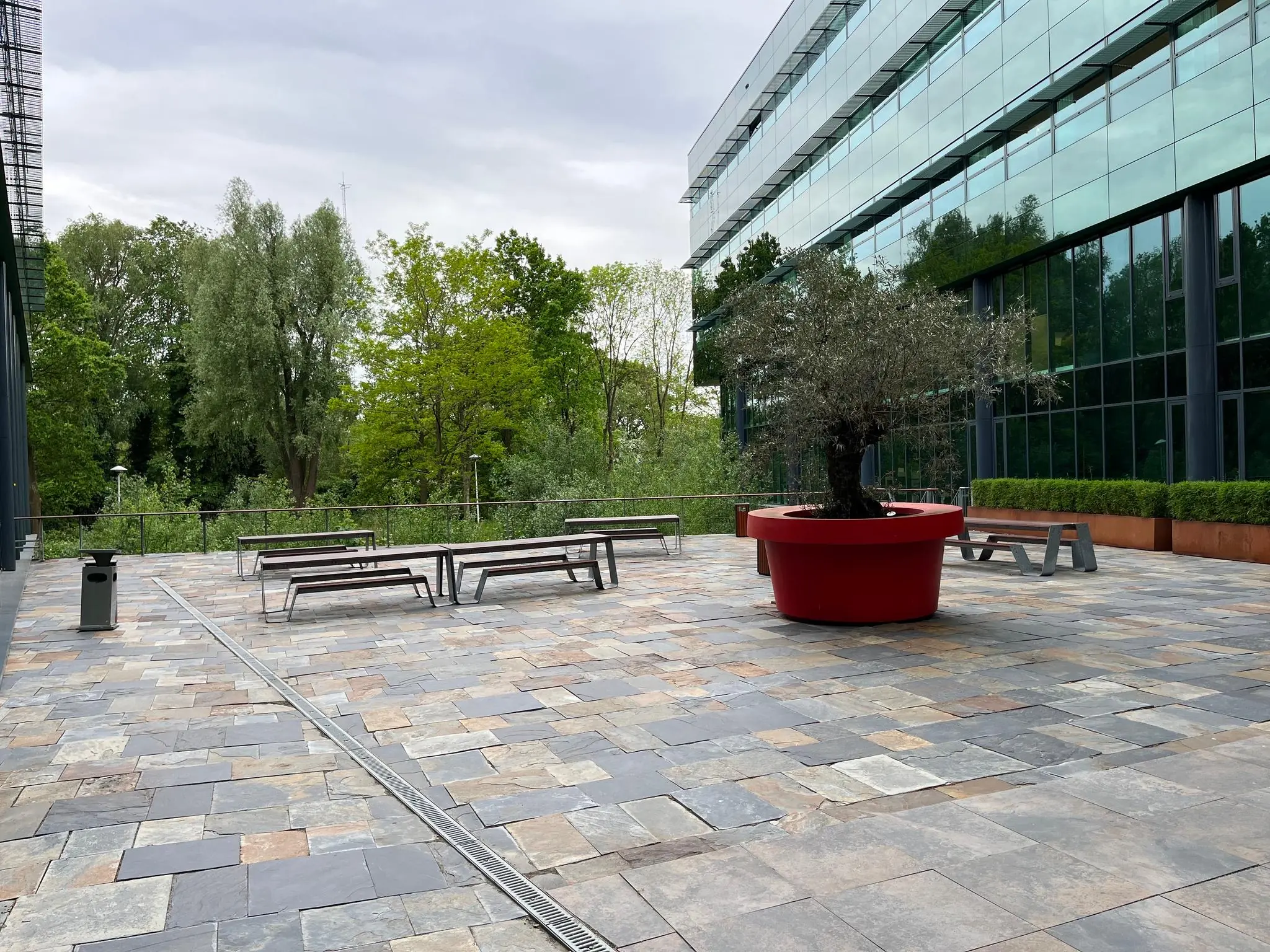 Moderne patio op het Herculesplein met zitbanken, een grote rode bloempot met boom en een kantoorgebouw met glazen gevel.