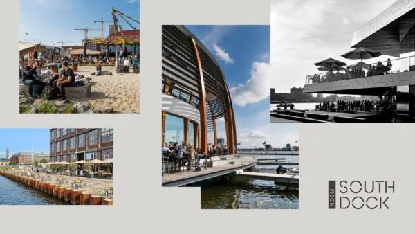 Collage van levendige terrassen en moderne architectuur aan het water op de NDSM-Pier in Amsterdam.