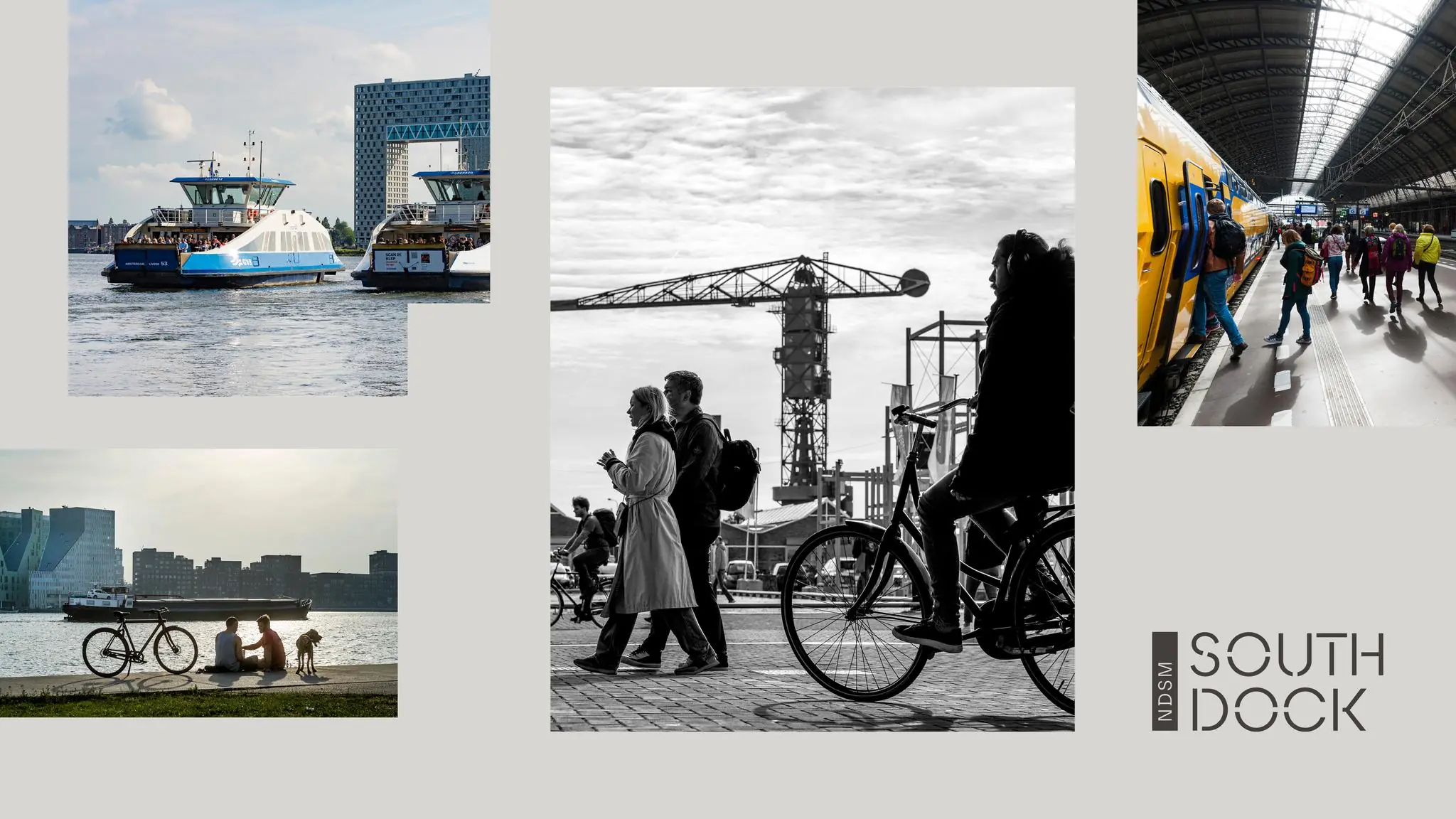 Collage van stedelijke scènes rondom de NDSM-werf met veerboten, fietsers, treinreizigers en uitzicht op het water.
