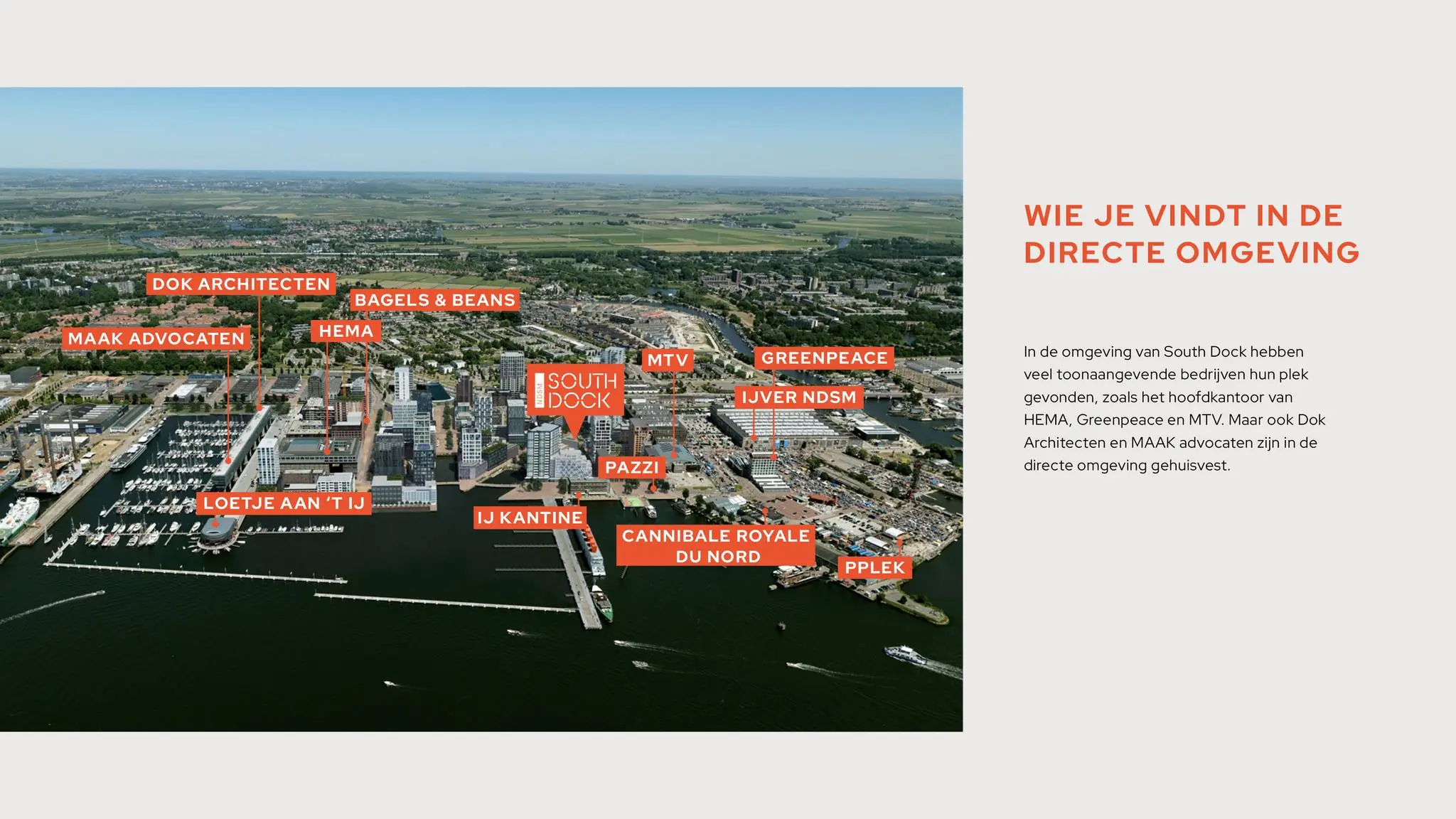Luchtfoto van de NDSM-werf in Amsterdam met aanduidingen van nabijgelegen bedrijven en horecagelegenheden rondom het South Dock.