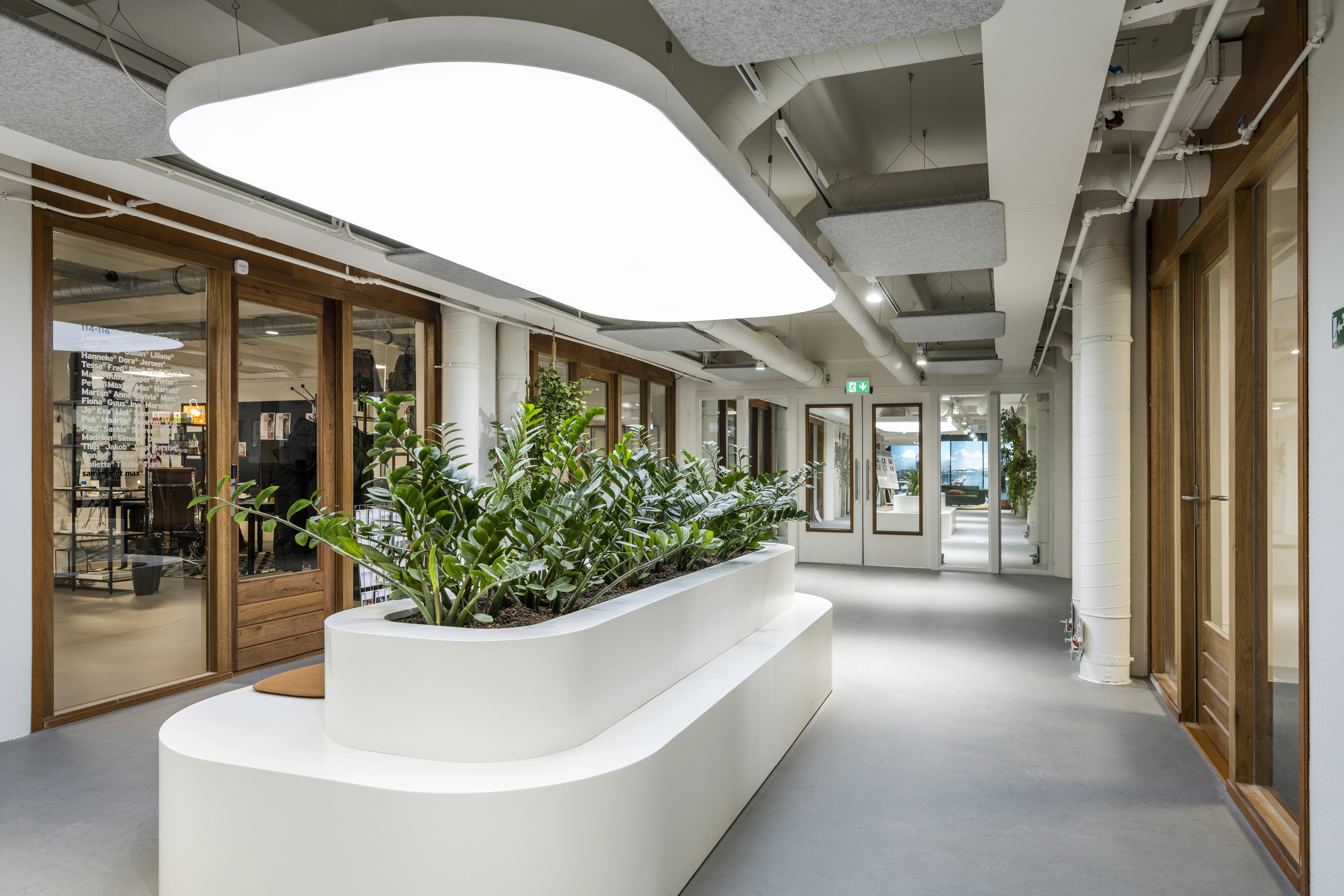 Moderne kantoorruimte in HNK Diemen met een gang voorzien van plantenbakken, houten deuren en grote plafondlampen.