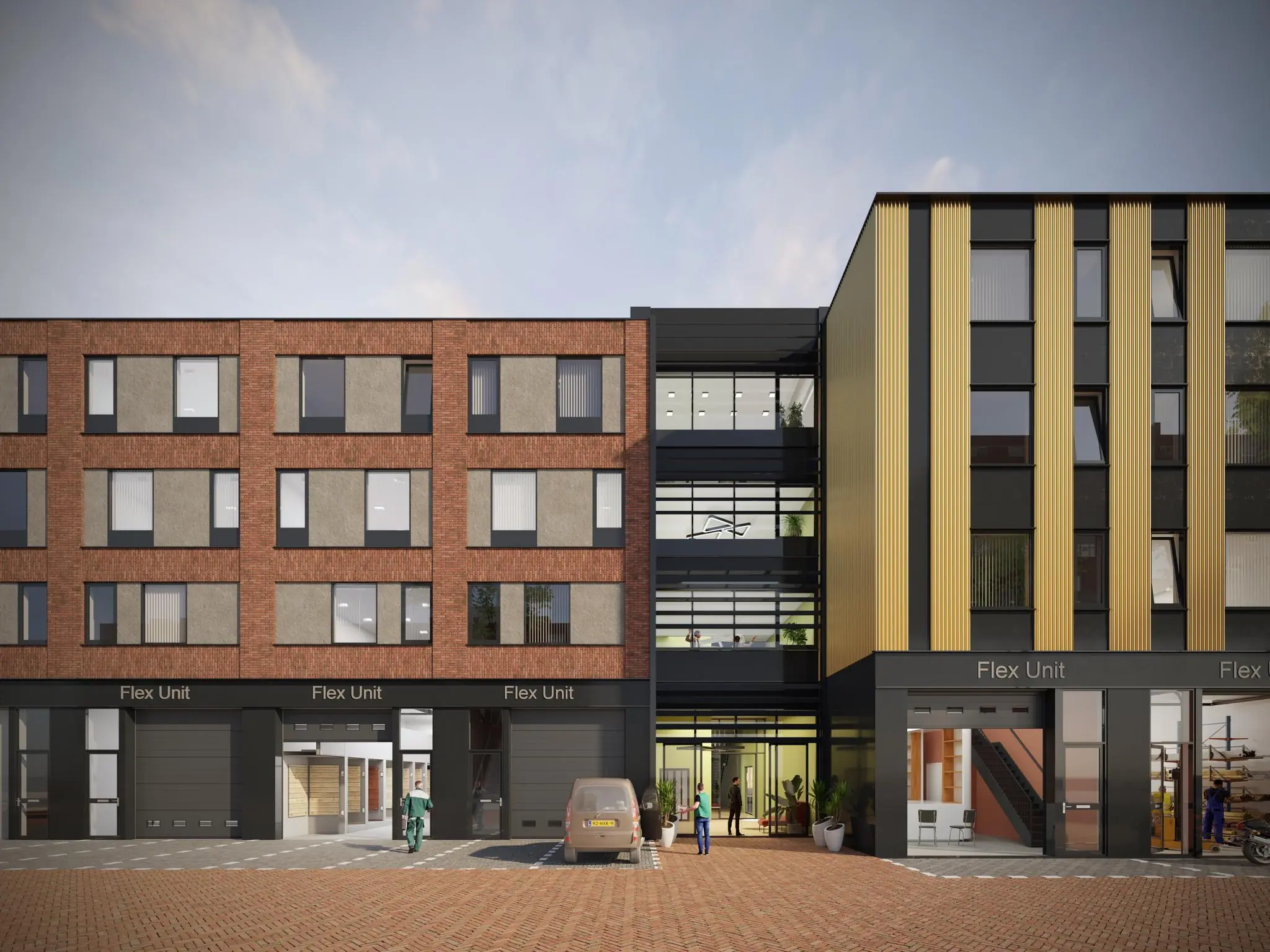Nieuw bedrijfsverzamelgebouw aan de Treubstraat met moderne flexunits en een centrale glazen entree.