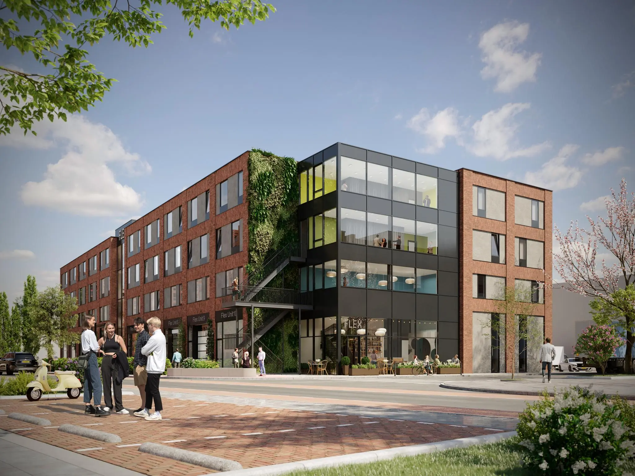 Modern kantoorgebouw aan de Treubstraat met bakstenen en glazen gevel, omgeven door groen en mensen op straat.