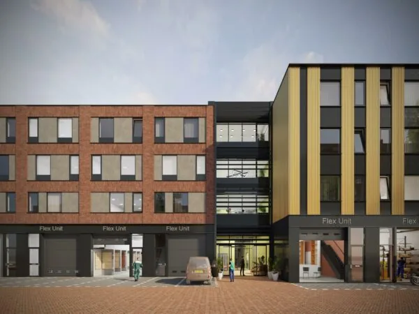 Moderne bedrijfsgebouwen met flexibele werkunits aan de Treubstraat, met een mix van bakstenen en goudkleurige gevels.