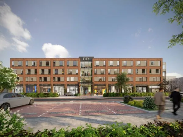 Moderne vierlaagse bedrijfsverzamelgebouw aan de Treubstraat met meerdere Flex Units en een centrale entree.