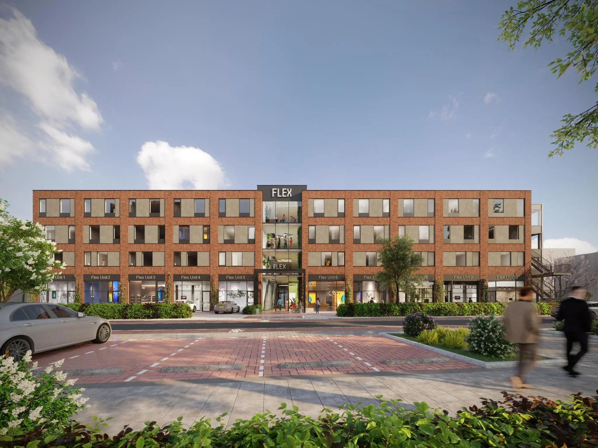 Moderne vierlaagse bedrijfsverzamelgebouw aan de Treubstraat met meerdere Flex Units en een centrale entree.