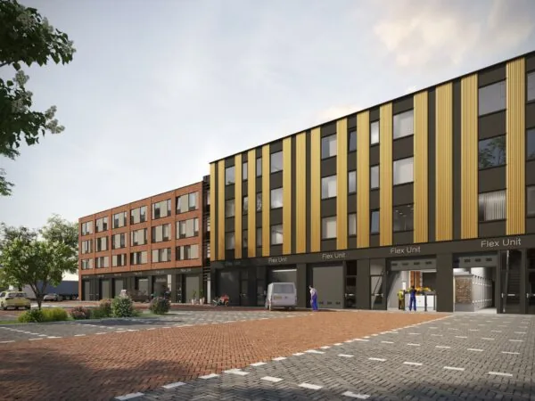 Nieuwbouwcomplex aan de Treubstraat met moderne flex units en woningen in een stedelijke omgeving.