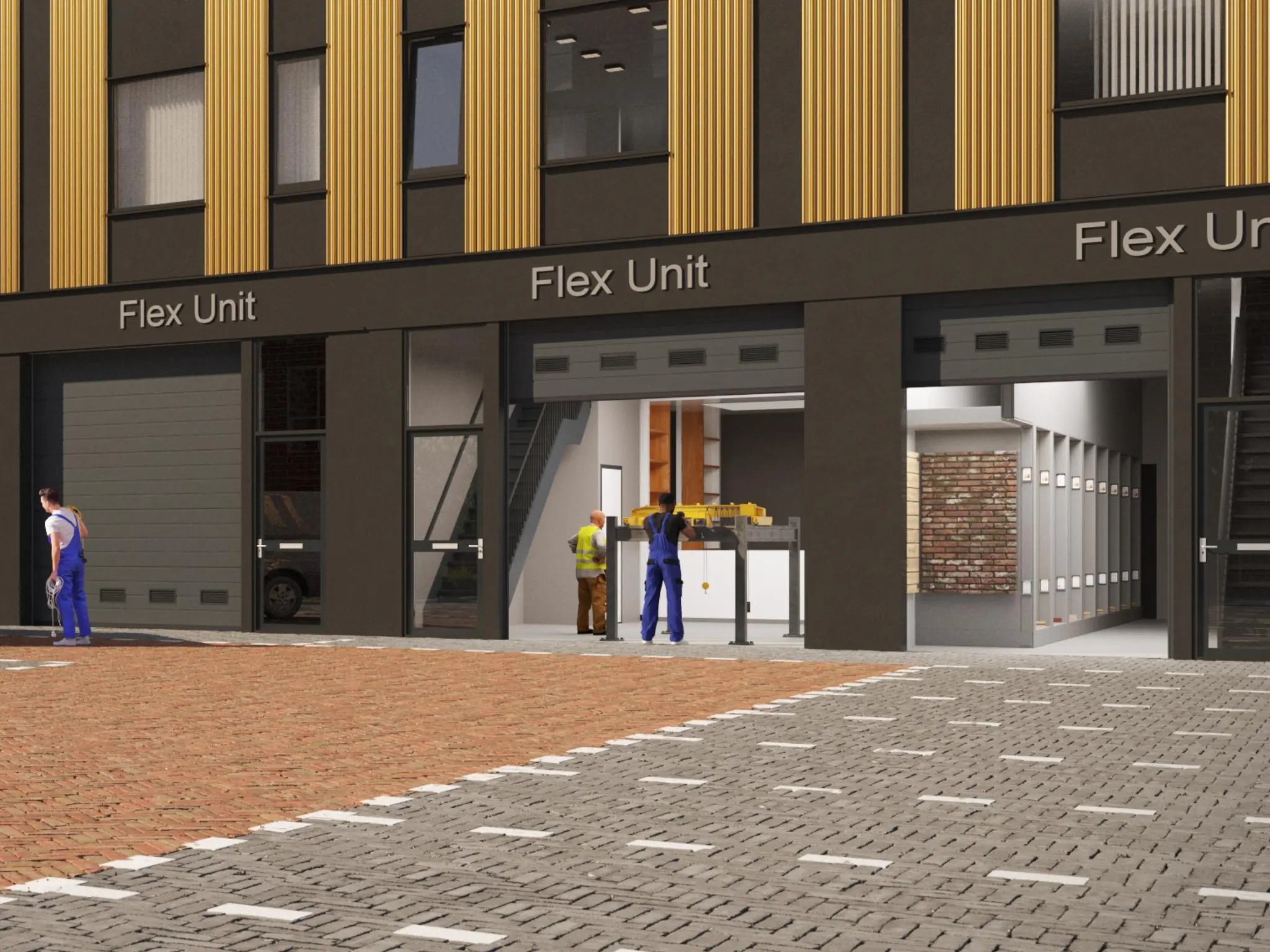 Façade van Flex Units aan de Treubstraat met werkende monteurs en open garagedeuren.