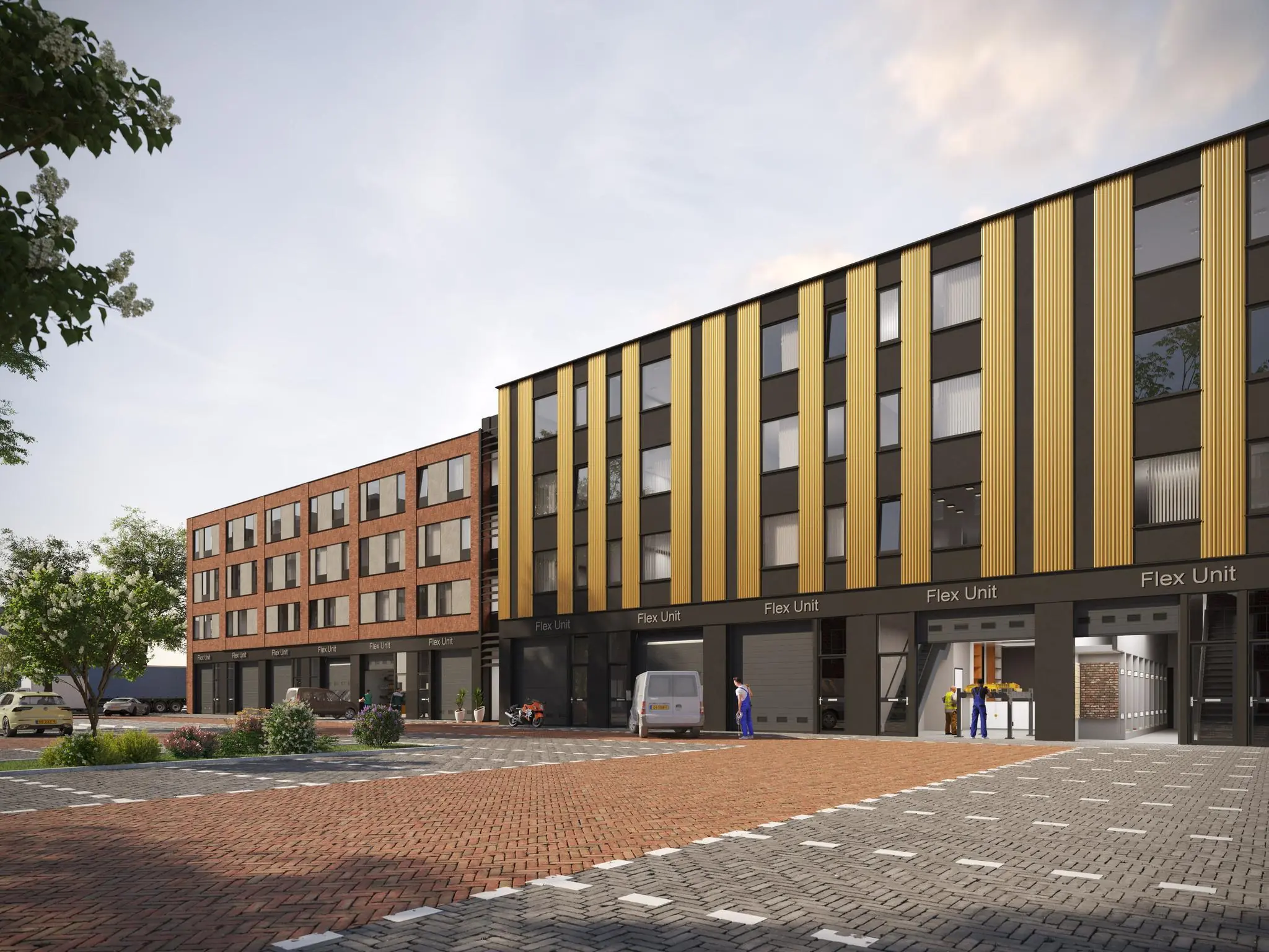 Modern bedrijfsgebouw aan de Treubstraat met flex units, roodbruine en goudkleurige gevels en bedrijvigheid op het plein.