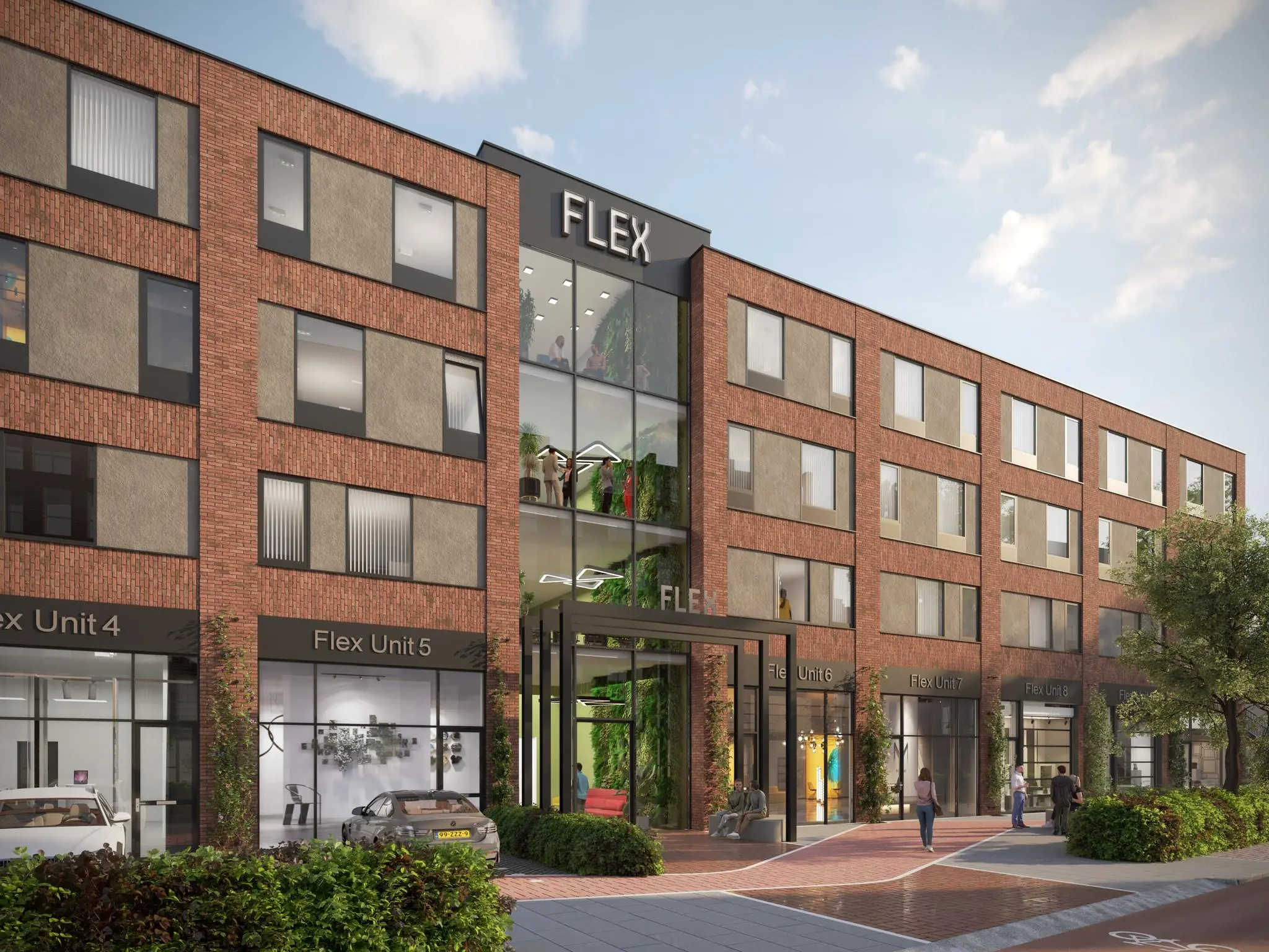 Modern bedrijfsverzamelgebouw aan de Treubstraat met meerdere Flex Units en een glazen entreepartij.