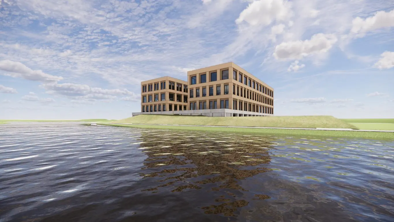Architectonische visualisatie van een modern kantoorgebouw aan de Ptolemaeuslaan met uitzicht op het water.