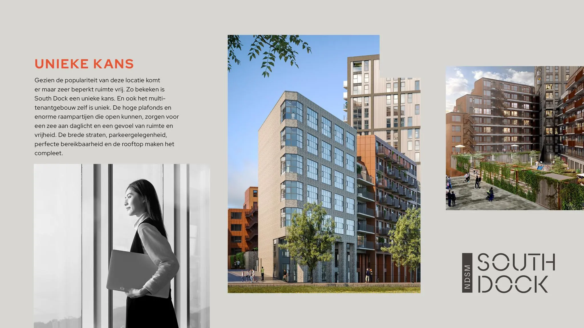 Promotieafbeelding van het vastgoedproject South Dock op de NDSM-pier, met visuals van moderne gebouwen en een binnentuin.