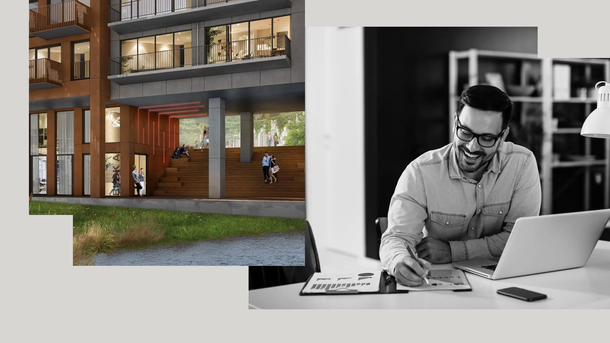 Combinatie van een visualisatie van de NDSM-pier met een man die lachend werkt aan een bureau met laptop.