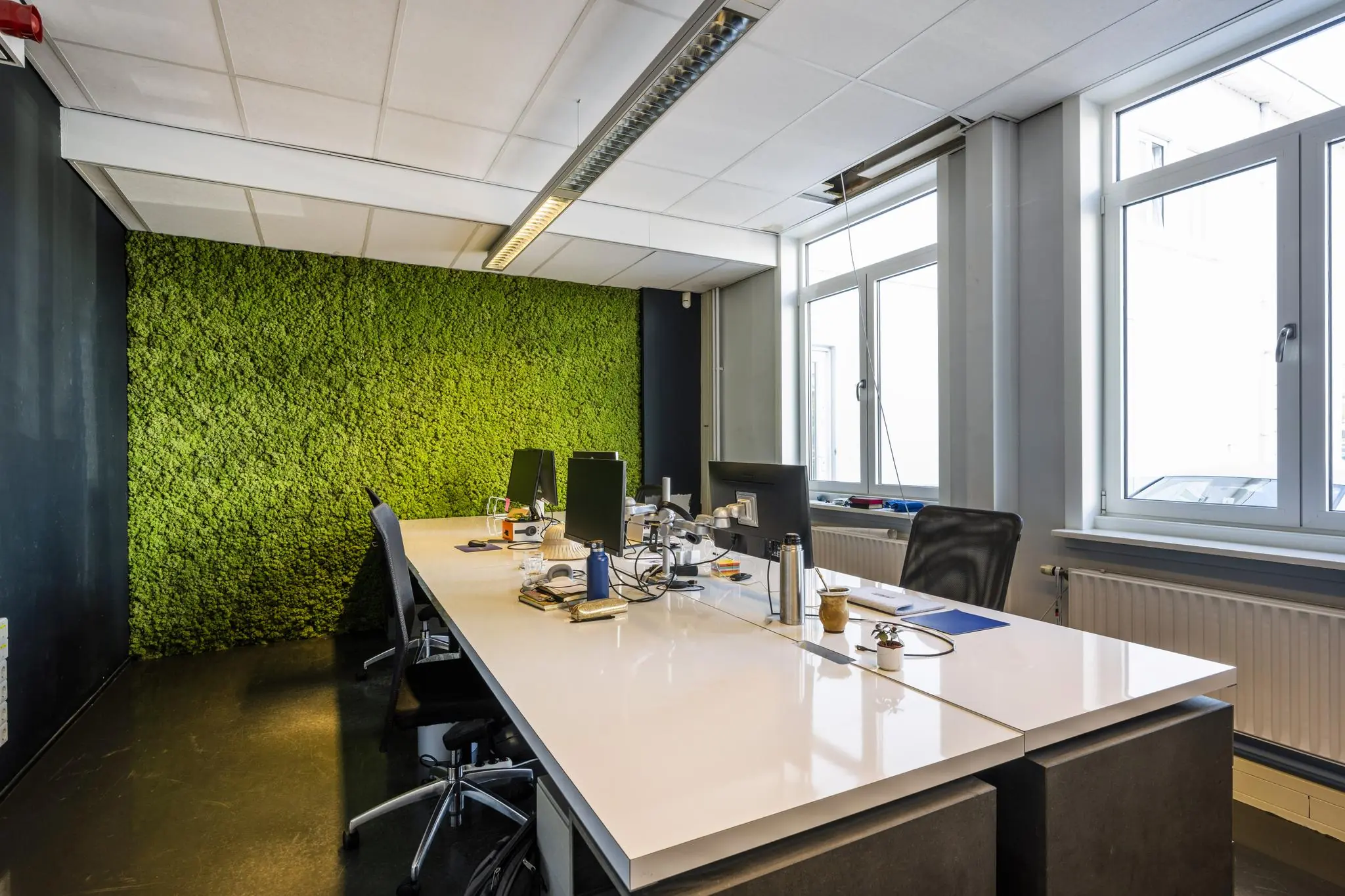 Moderne kantoorruimte aan de Vliegtuigstraat met een lange werktafel, meerdere bureaustoelen, computers en een groene moswand.