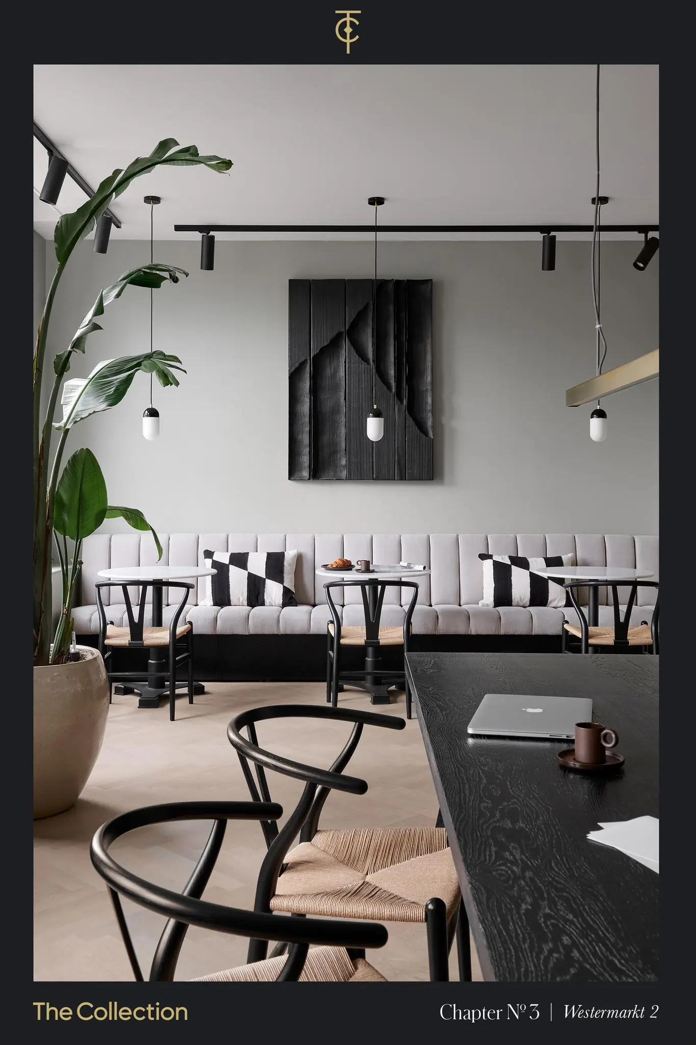 Stijlvol ingericht interieur van Westermarkt 2 met moderne meubels, een grote plant en minimalistische verlichting.