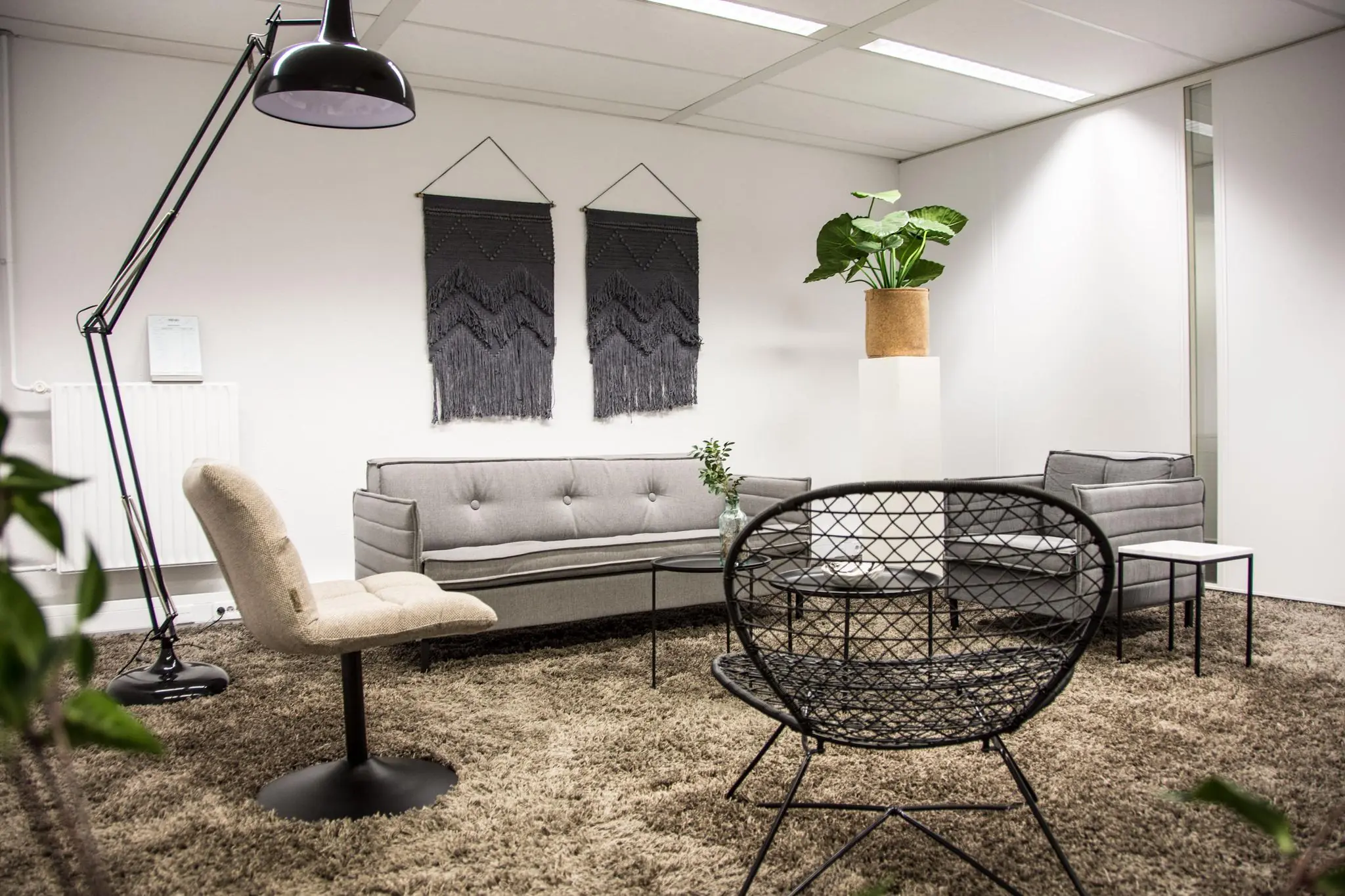 Moderne wachtruimte aan de Meidoornkade met grijze zitmeubels, een groot vloerkleed en opvallende wanddecoratie.