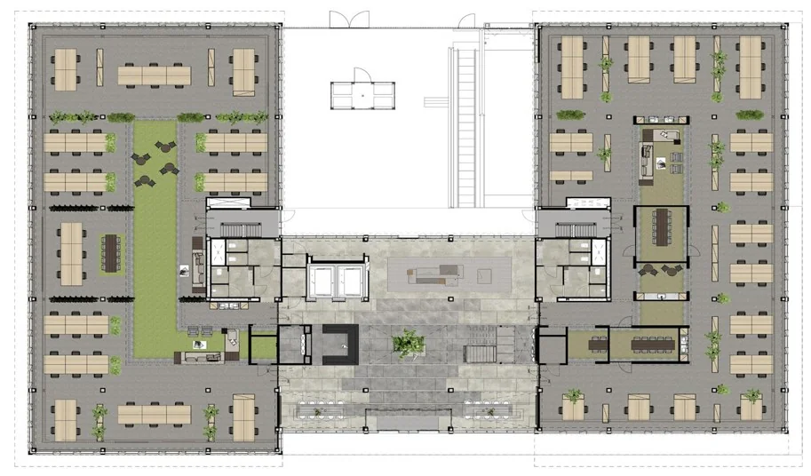 Plattegrond van een modern kantoorontwerp met werkplekken, vergaderruimtes en een groene binnentuin.