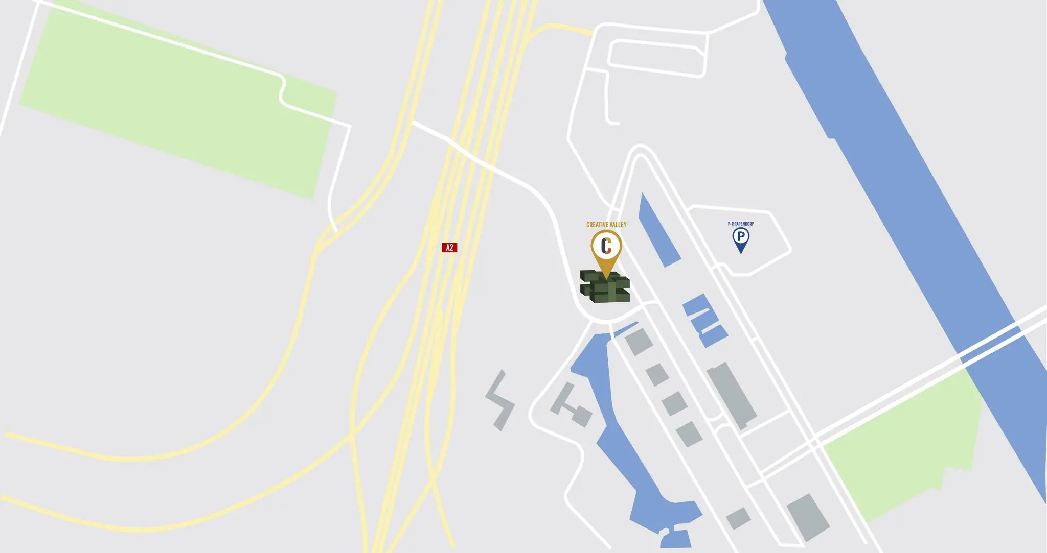 Kaartweergave van de locatie Creative Valley aan de Orteliuslaan in Papendorp, nabij de A2 en een parkeerterrein.