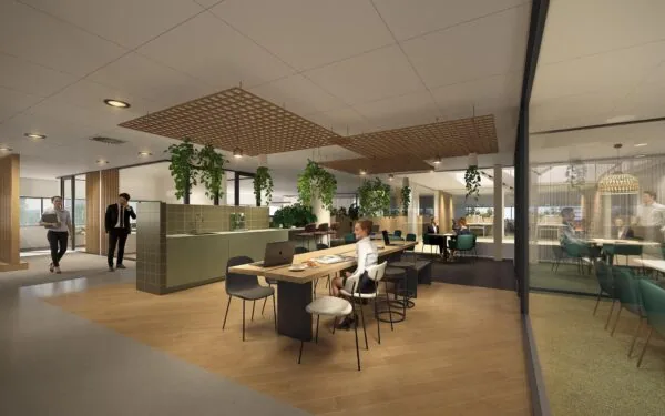 Moderne kantoorruimte aan de Prof. E.M. Meijerslaan met open werkplekken, vergaderruimtes en groene accenten.