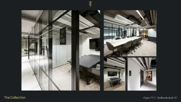 Moderne vergaderruimtes met glazen wanden en strakke inrichting in kantoorgebouw aan de Stadhouderskade 85.