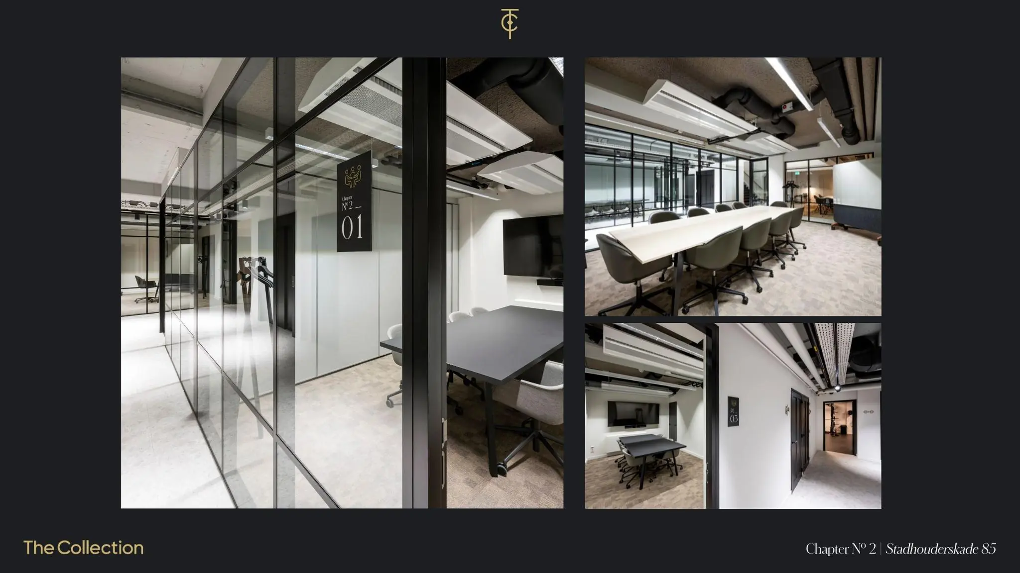 Moderne vergaderruimtes met glazen wanden en strakke inrichting in kantoorgebouw aan de Stadhouderskade 85.