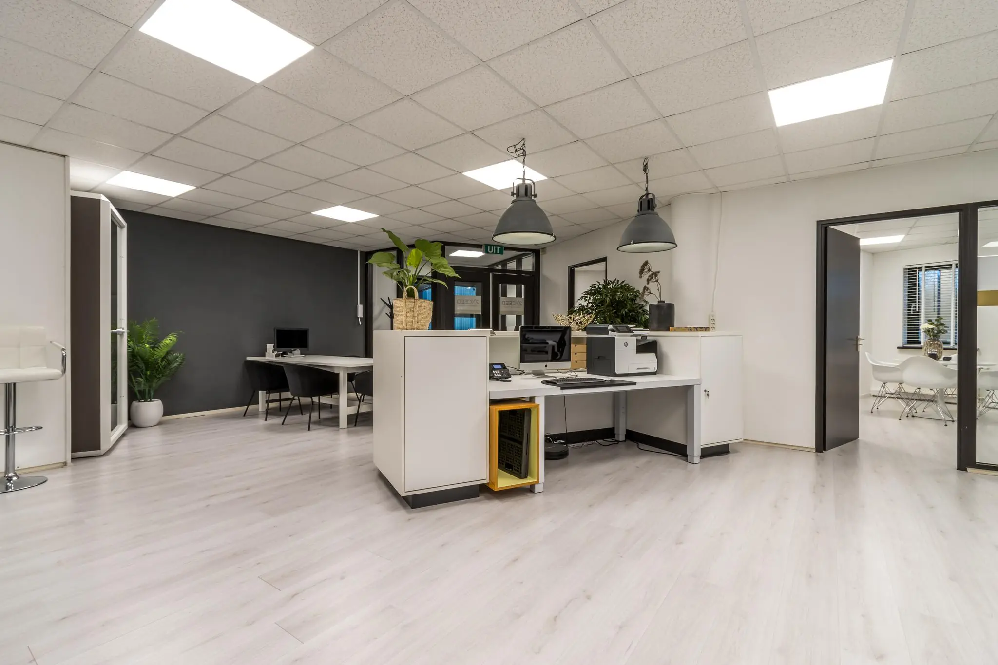 Modern en licht ingericht kantoorinterieur aan de Koningsweg met werkplekken, vergaderruimte en veel planten.
