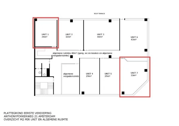 Plattegrond van de eerste verdieping aan de Anthony Fokkerweg 21 in Amsterdam met indeling en oppervlakte van zeven units en algemene ruimtes.