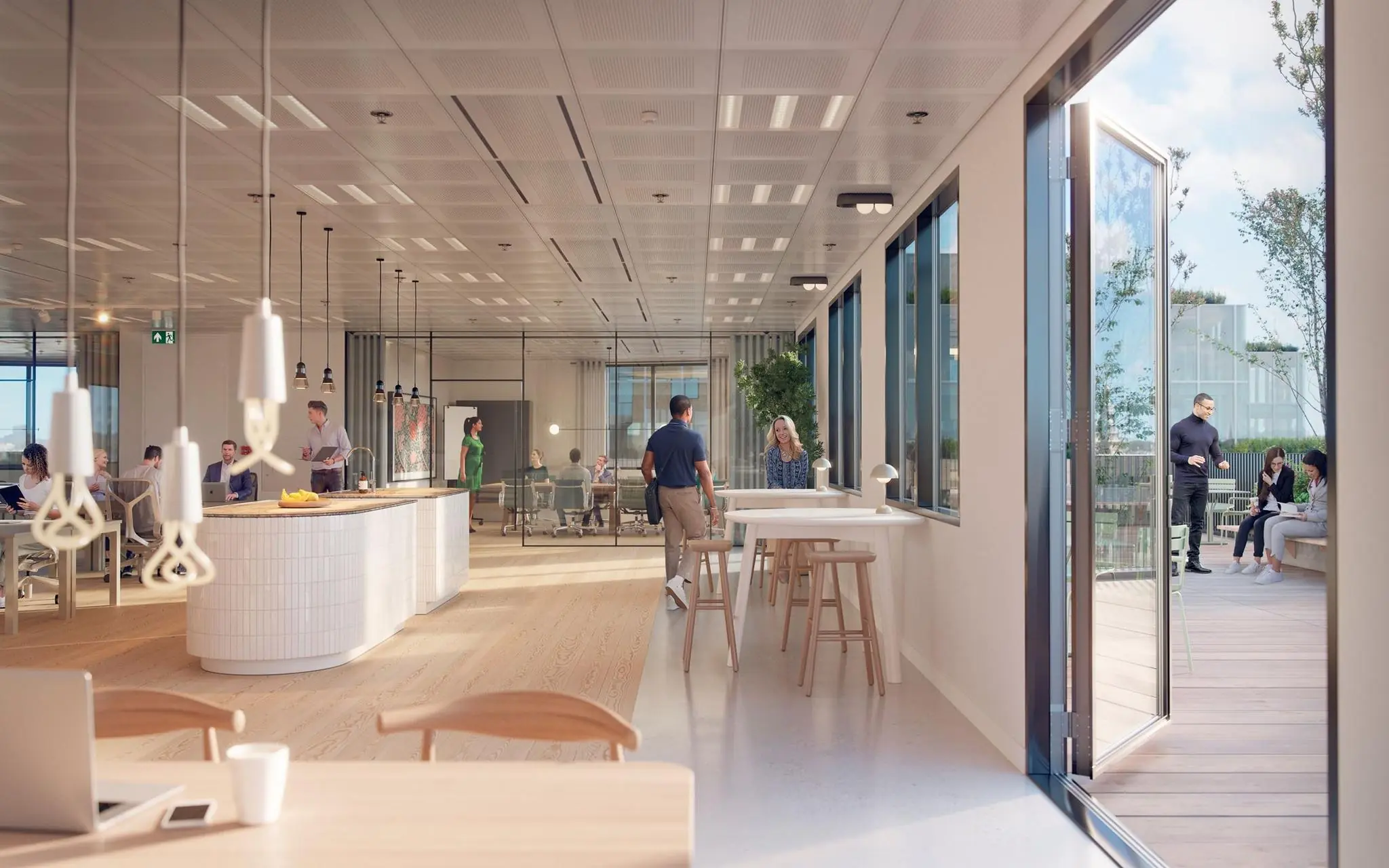 Moderne, lichte kantoorruimte aan de Basisweg met open werkplekken, vergaderruimtes en een aangrenzend dakterras.