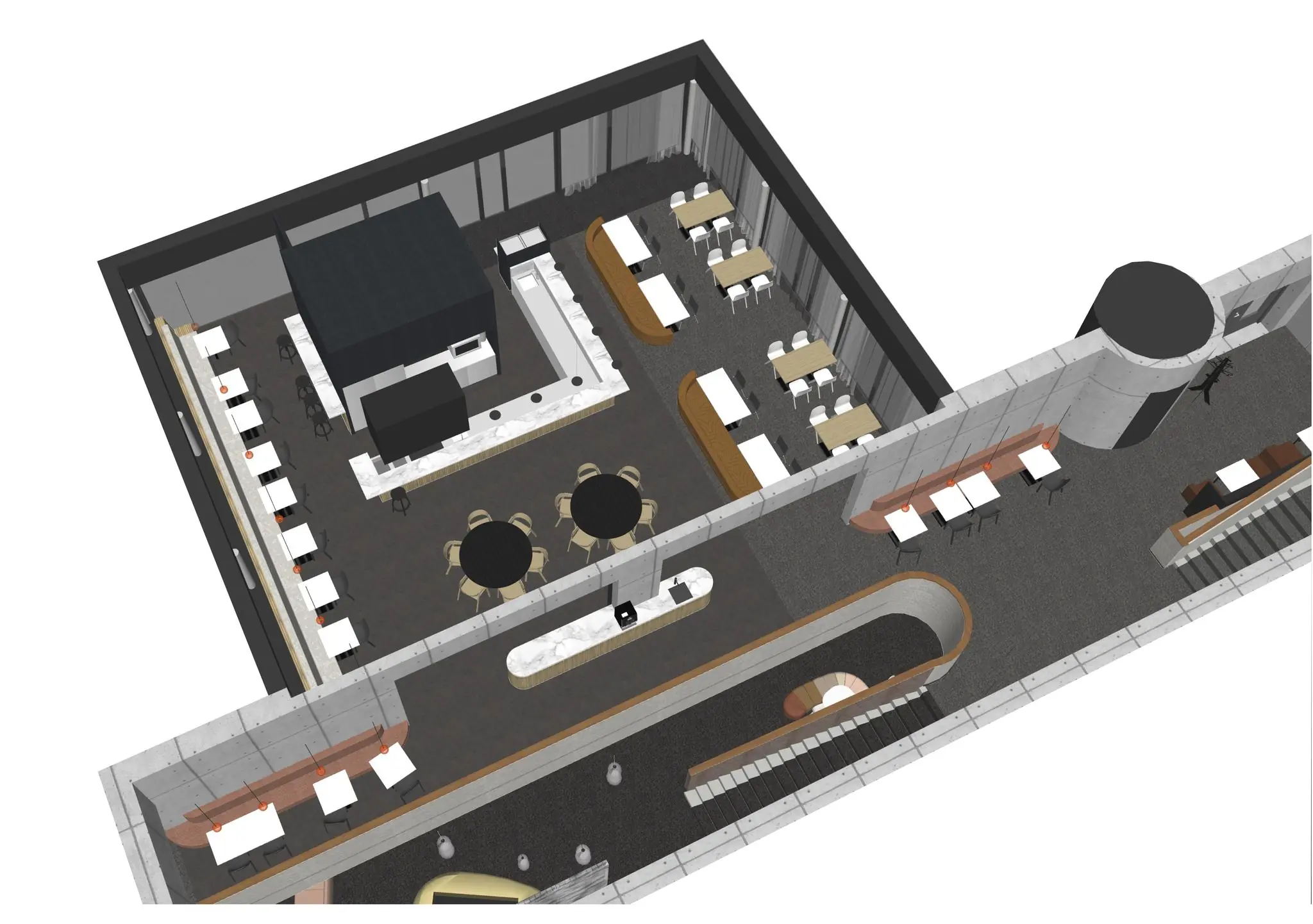 3D-visualisatie van een modern ingerichte horecaruimte aan de Orteliuslaan, met zitgedeeltes, balie en bar.