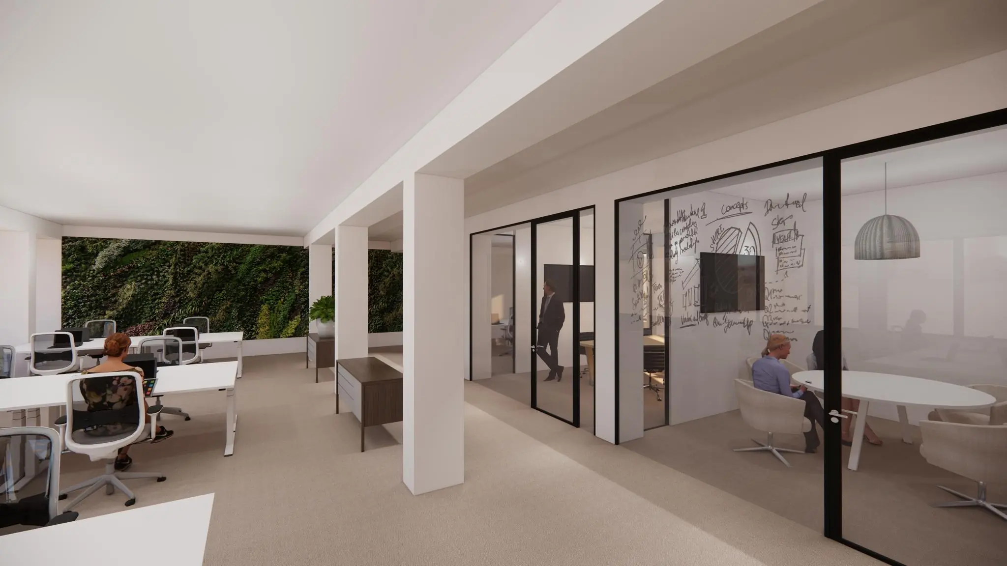 Modern kantoorinterieur aan de Volmerlaan met open werkplekken, vergaderruimtes en een groene plantenwand.