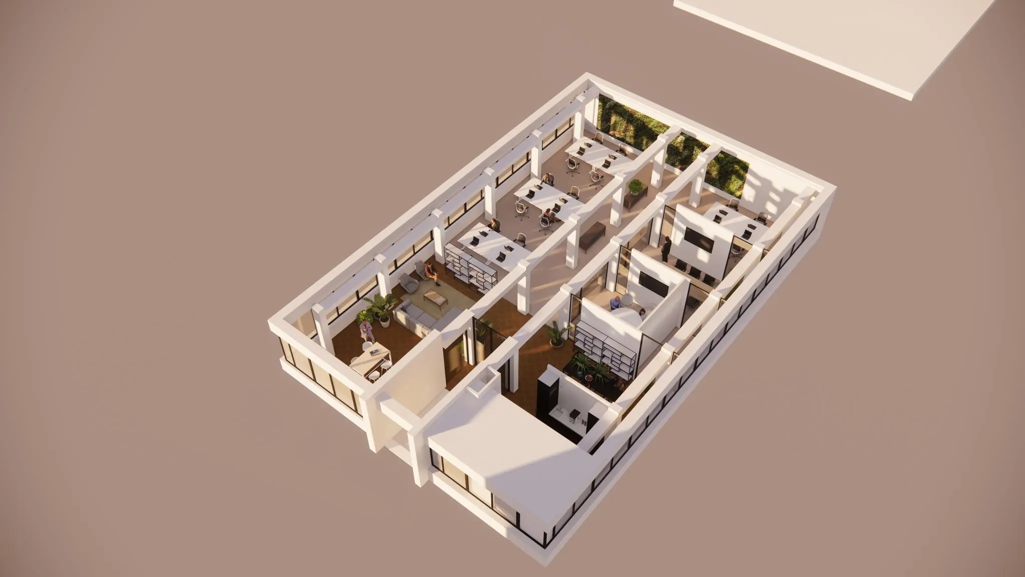 3D-visualisatie van een modern kantoorpand aan de Volmerlaan met meerdere werkplekken, vergaderruimtes en loungegedeelten.