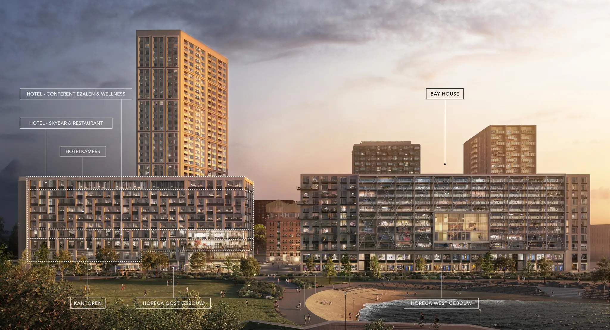 Impressie van de Rijnhavenkade met diverse gebouwen zoals hotel, kantoren en Bay House aan het water bij zonsondergang.