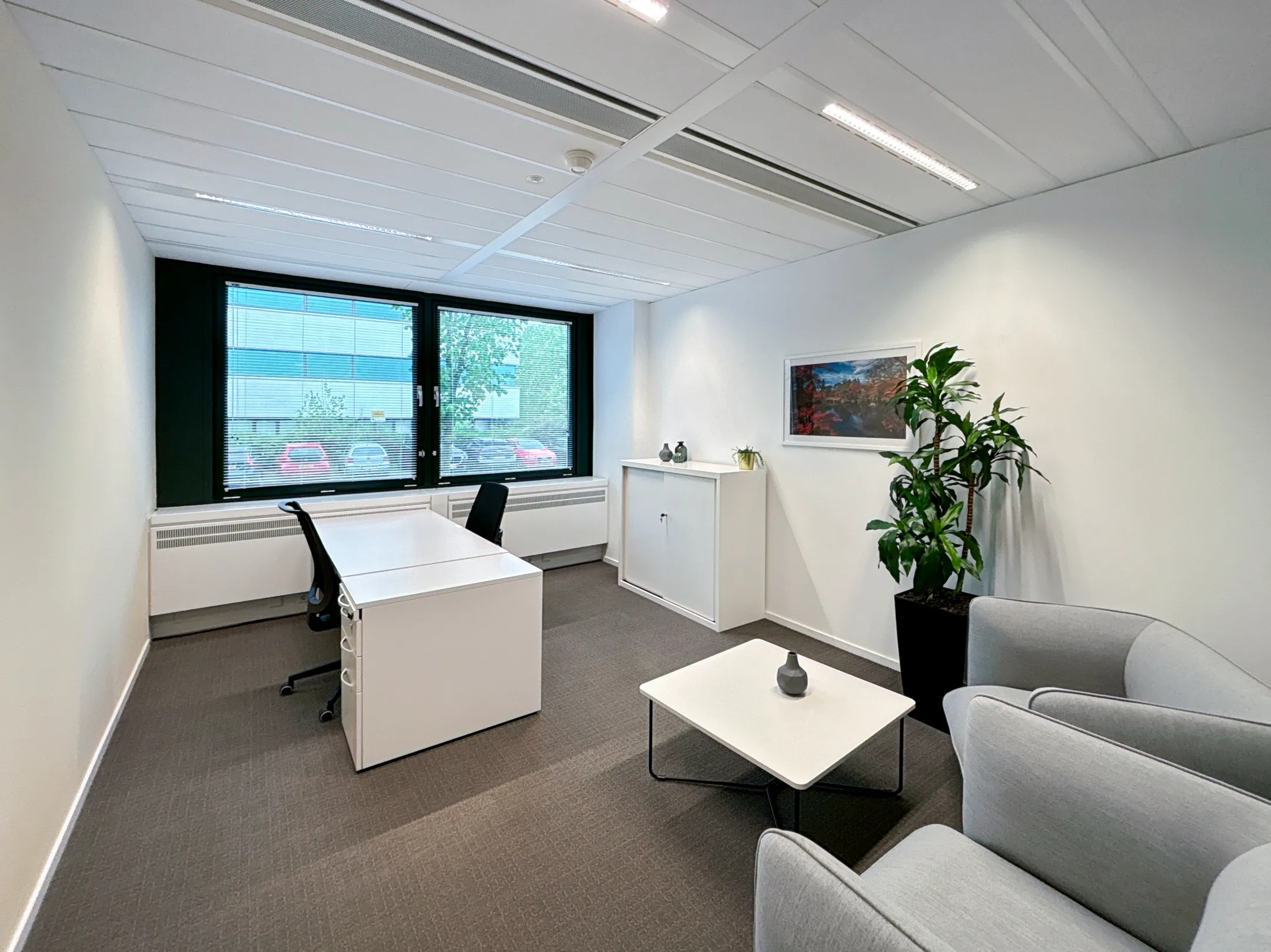 Een modern en strak ingericht kantoor met een bureau, stoelen, planten en kunst aan de muur.