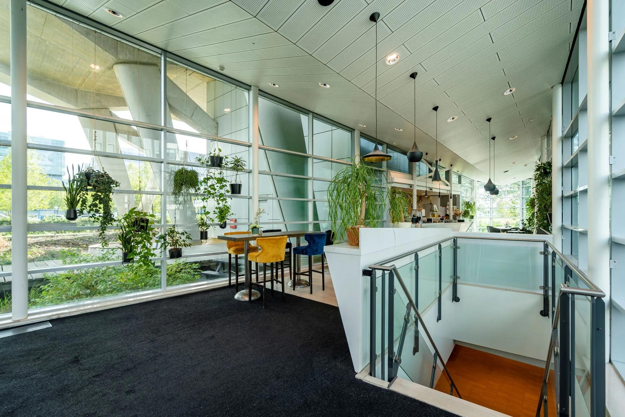 Een moderne kantoorruimte met veel planten, een glazen wand en een trap die naar beneden leidt.