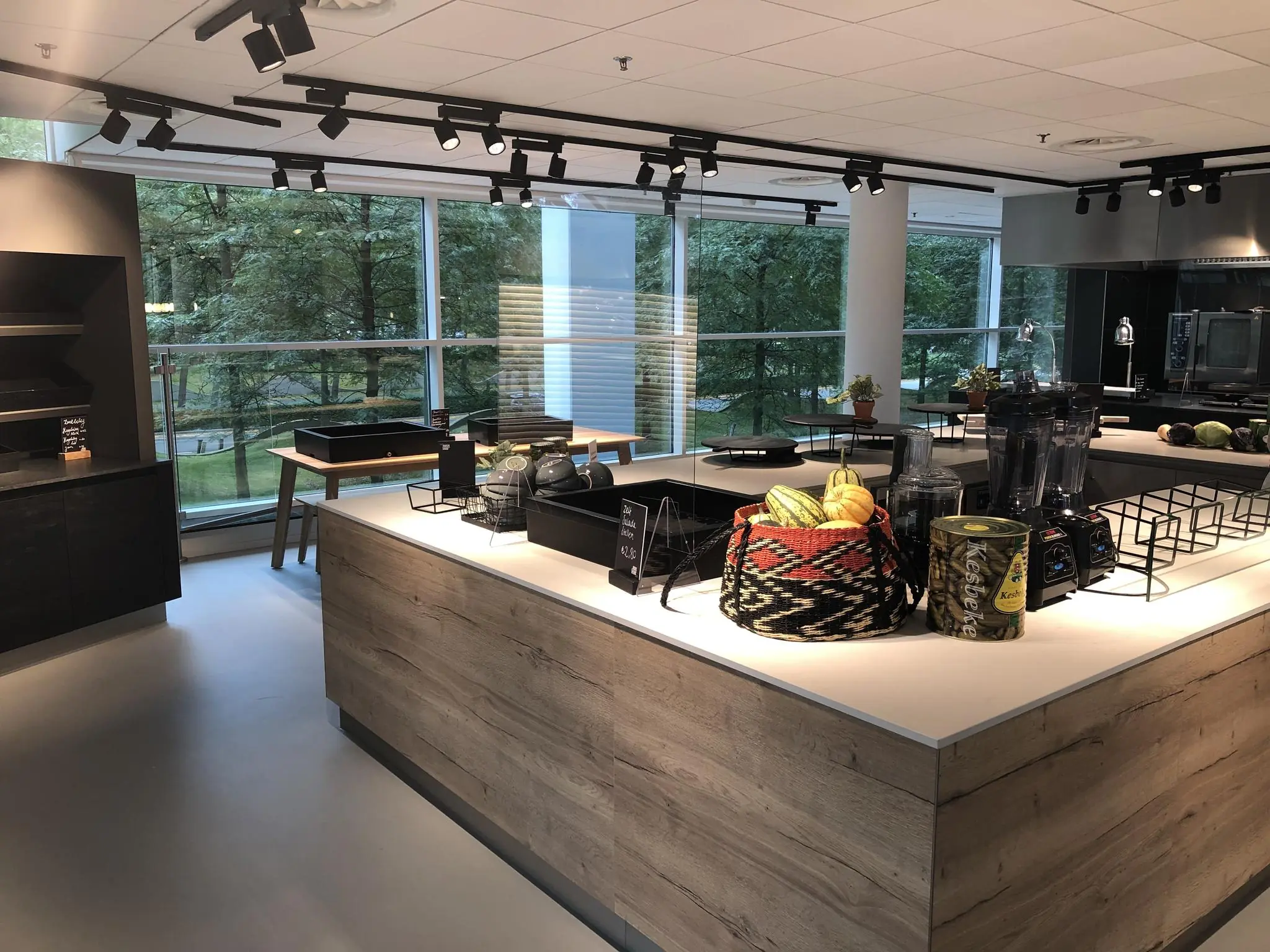 Moderne bedrijfskeuken op de Newtonlaan met kookeilanden, blenders en een grote glazen wand met uitzicht op groen.