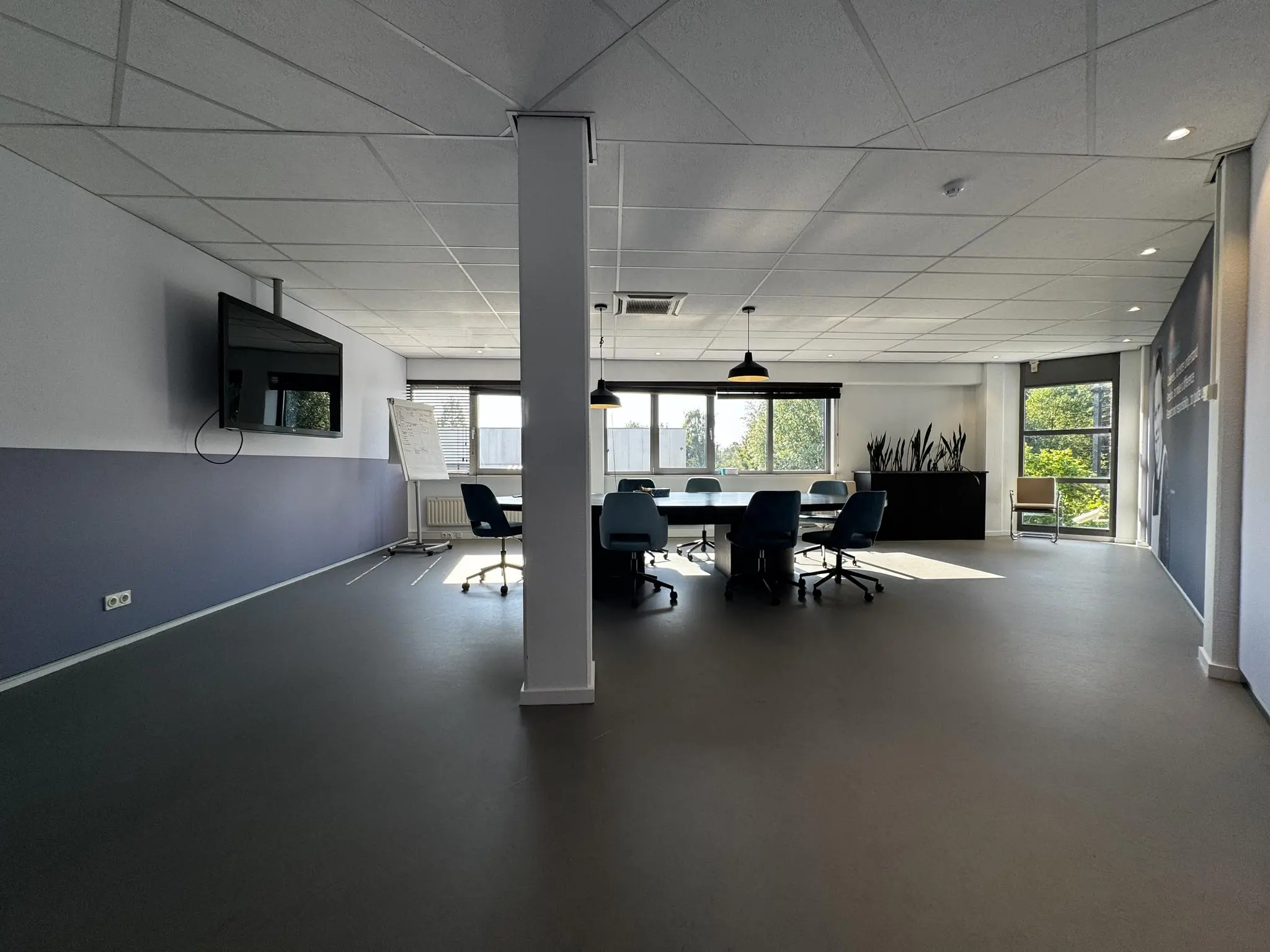 Moderne vergaderruimte bij Softwareweg met grote vergadertafel, stoelen, presentatiescherm en daglicht van meerdere ramen.