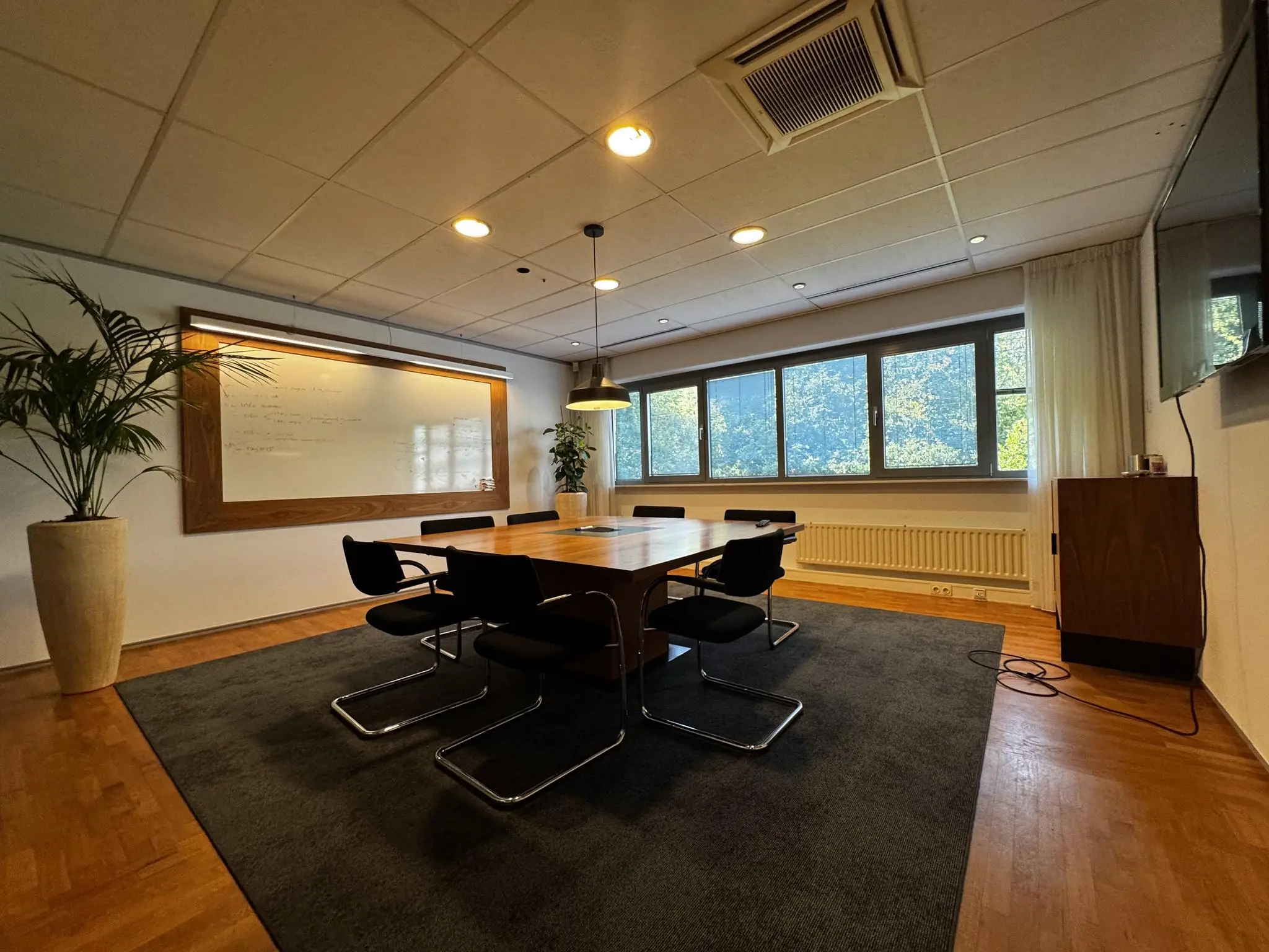 Vergaderruimte aan de Softwareweg met een houten tafel, zes stoelen, groot whiteboard en uitzicht op groene bomen door brede ramen.