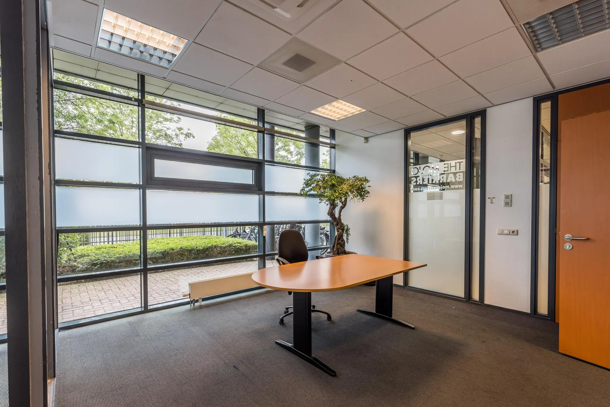 Kantoorruimte met groot raam, houten bureau, bureaustoel en een bonsaiboom in bedrijfsgebouw Veldzigt.