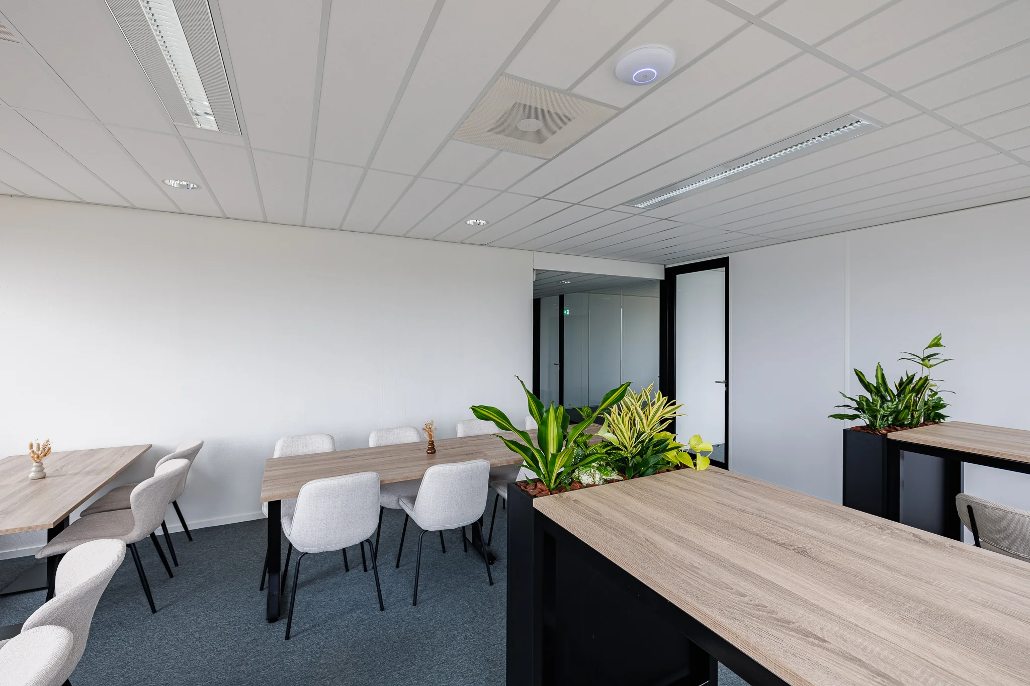 Een moderne kantoorruimte in Amersfoort met houten tafels, grijze stoelen en groene planten.
