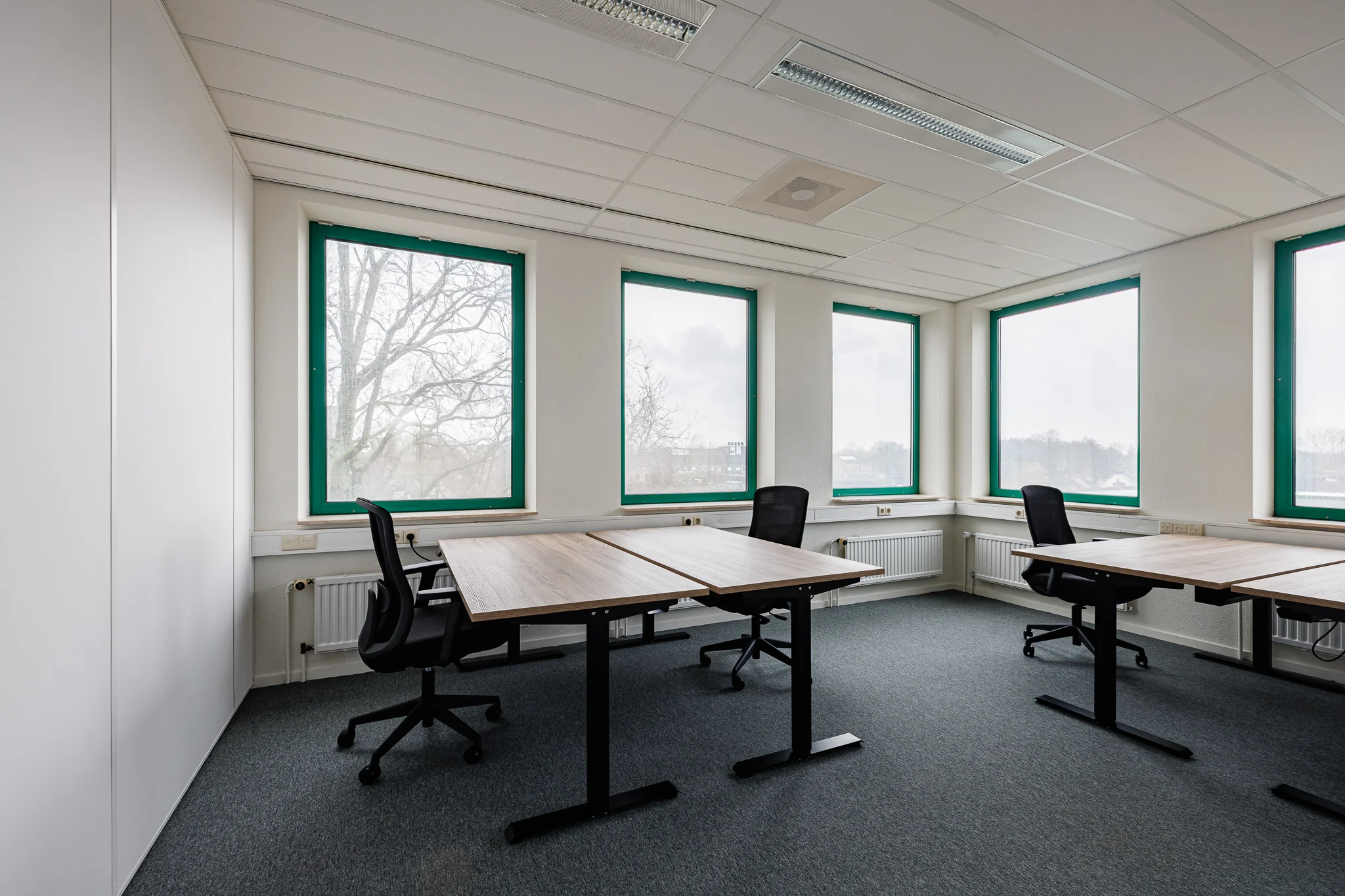 Een lichte kantoorruimte met drie bureaus en bureaustoelen bij grote ramen met groene kozijnen.