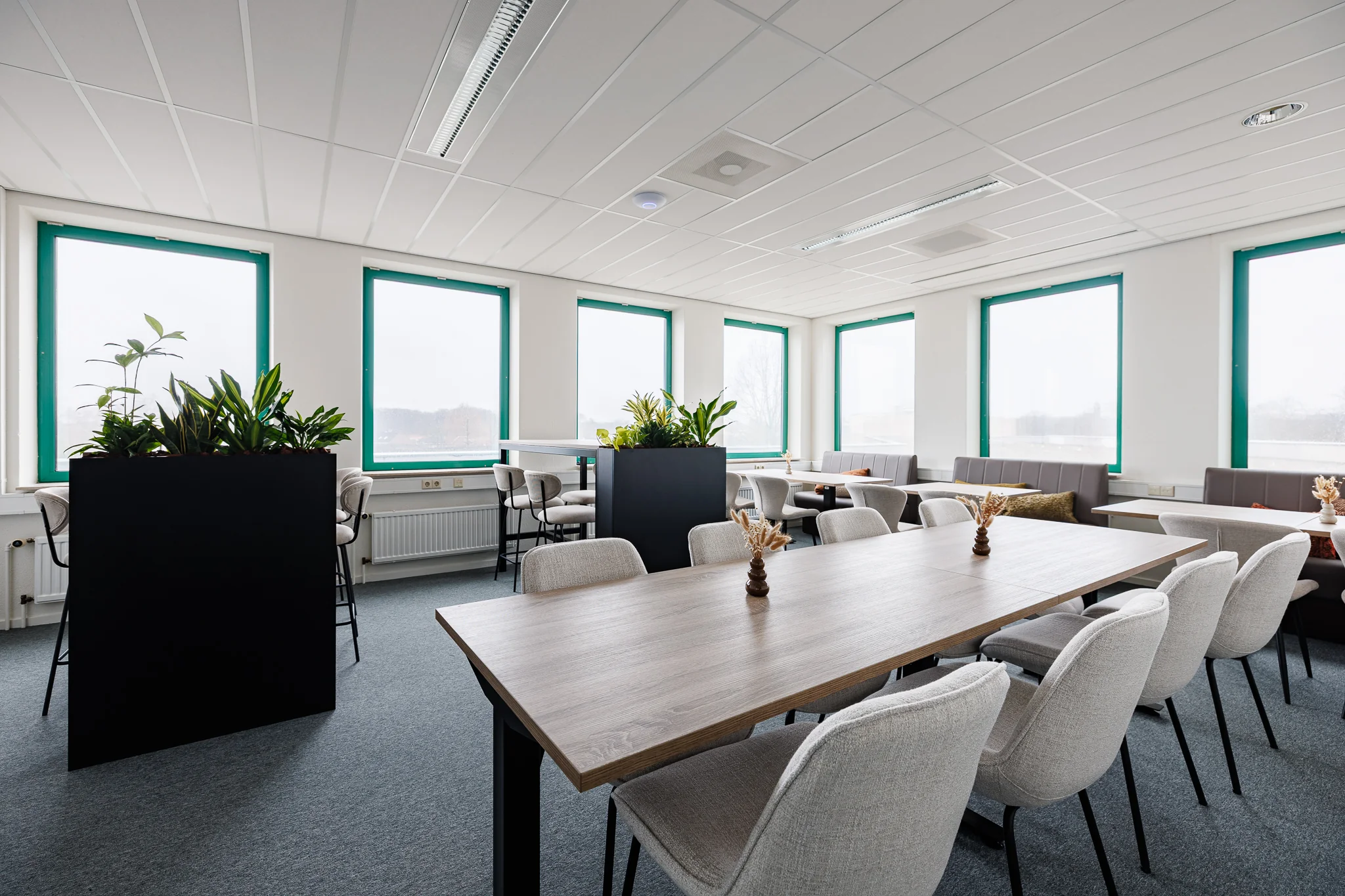 Een modern ingerichte kantoorruimte met lange houten tafels, comfortabele stoelen en plantenbakken bij grote ramen.
