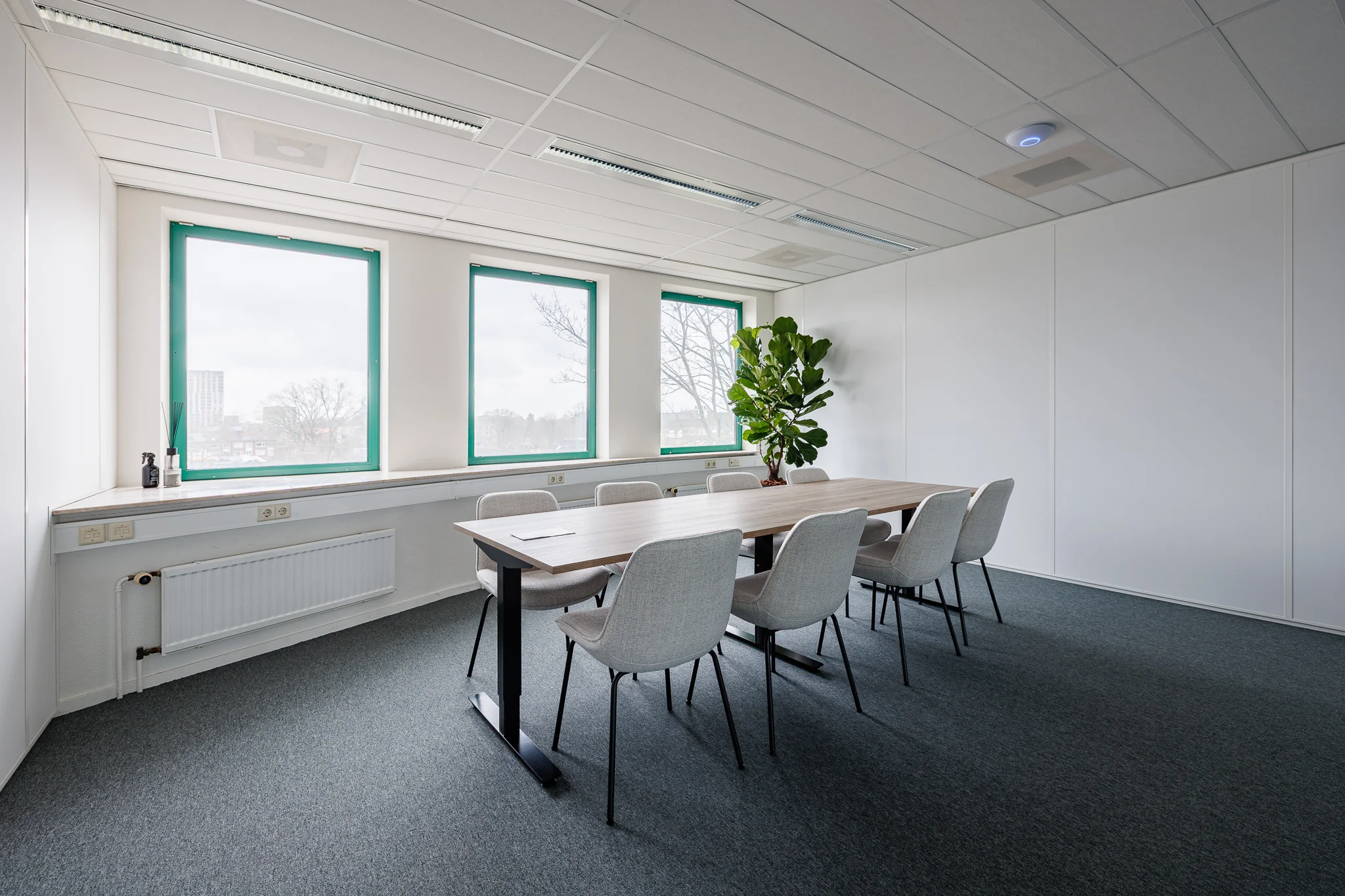 Een moderne vergaderruimte met een lange houten tafel, gestoffeerde stoelen en een grote plant in de hoek, gelegen in een kantoor aan de Stadsring in Amersfoort.